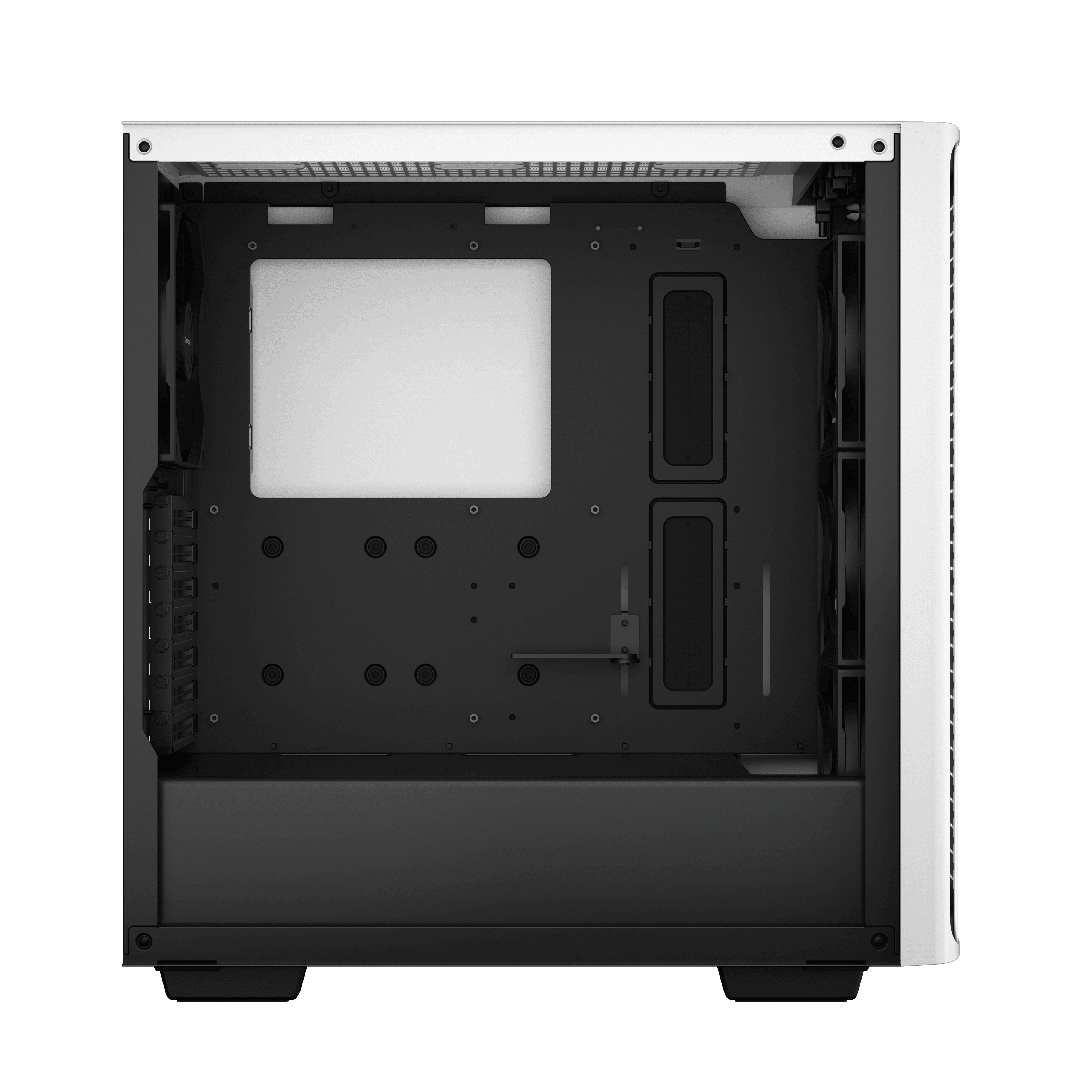 Interno di un case per computer bianco e nero con pannello laterale aperto, che mostra le aree di montaggio dei componenti.