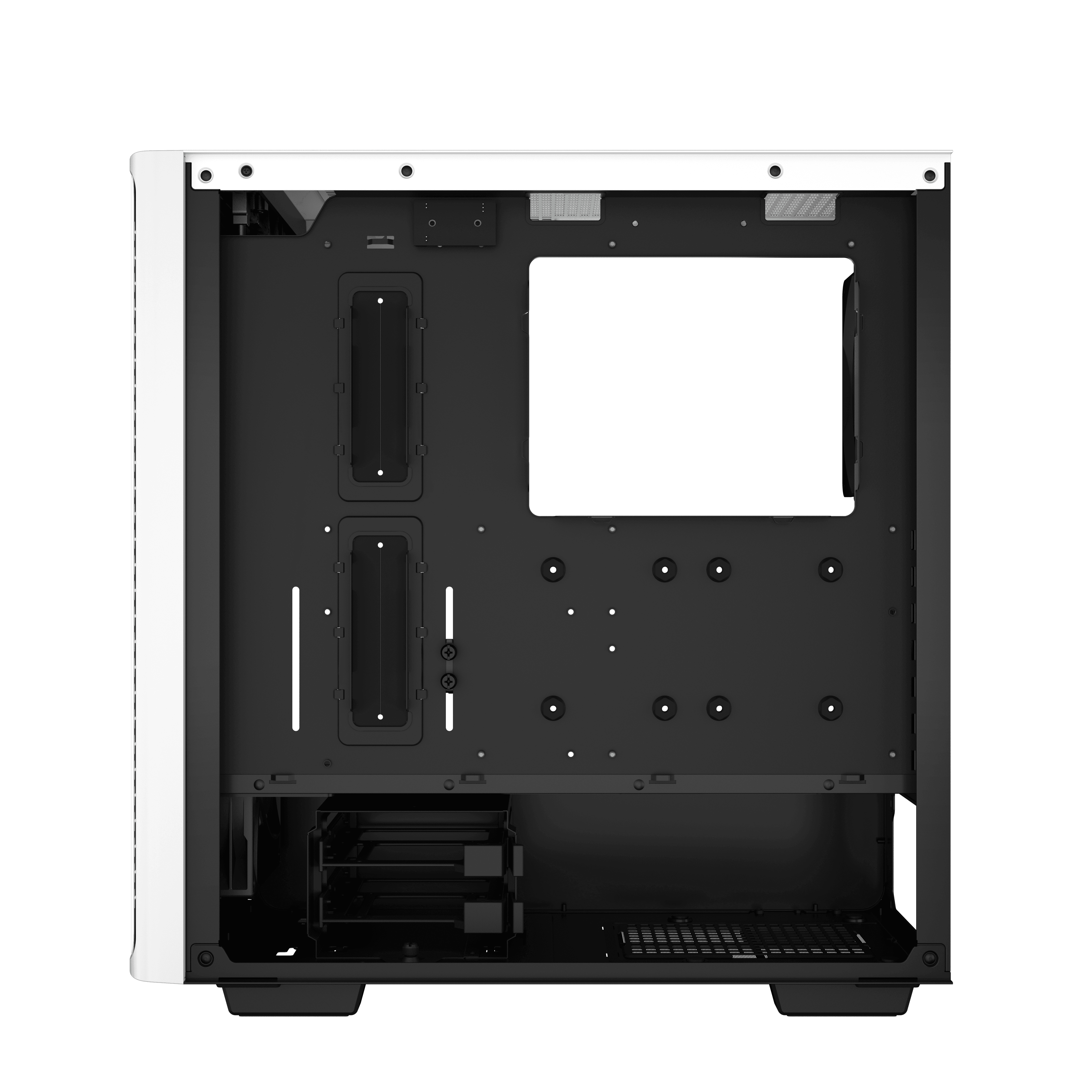 Interno del case del computer, bianco e nero. Aperto con un ampio spazio aperto per i componenti.