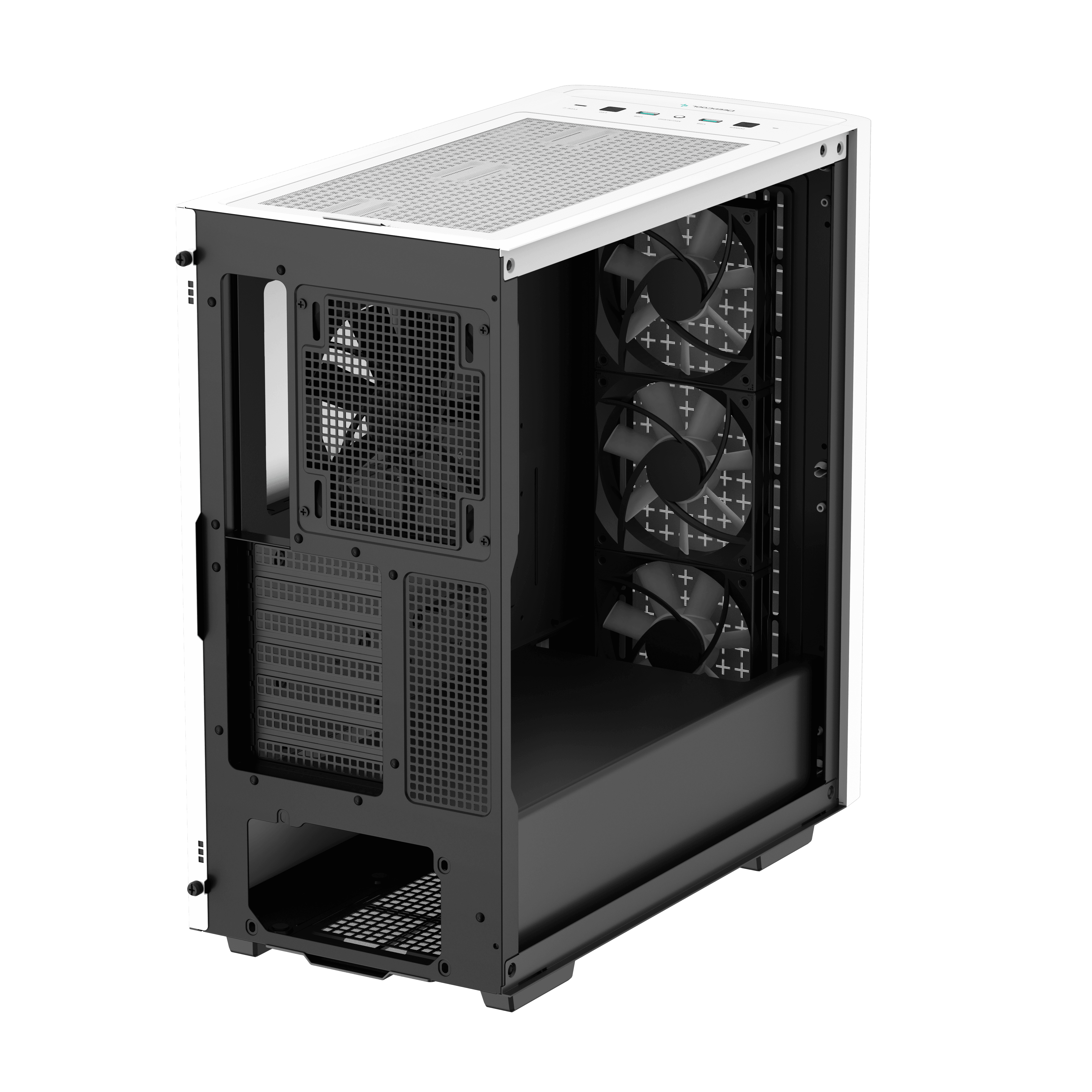 Un case per computer bianco e nero con tre ventole visibili all'interno. Pannello laterale aperto.