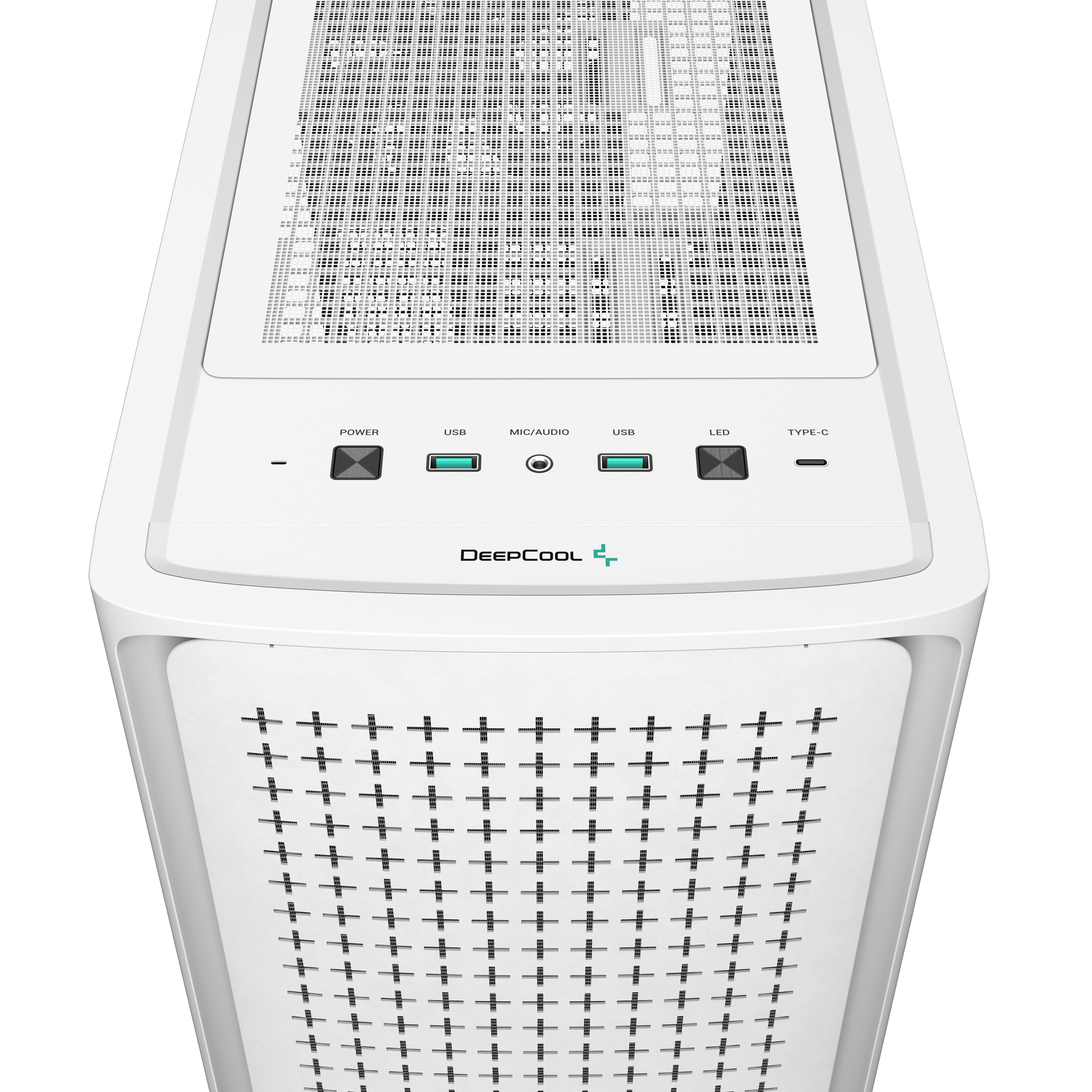 Case per computer bianco con mesh superiore e frontale, porte di alimentazione e USB e indicatori LED. Logo DeepCool.