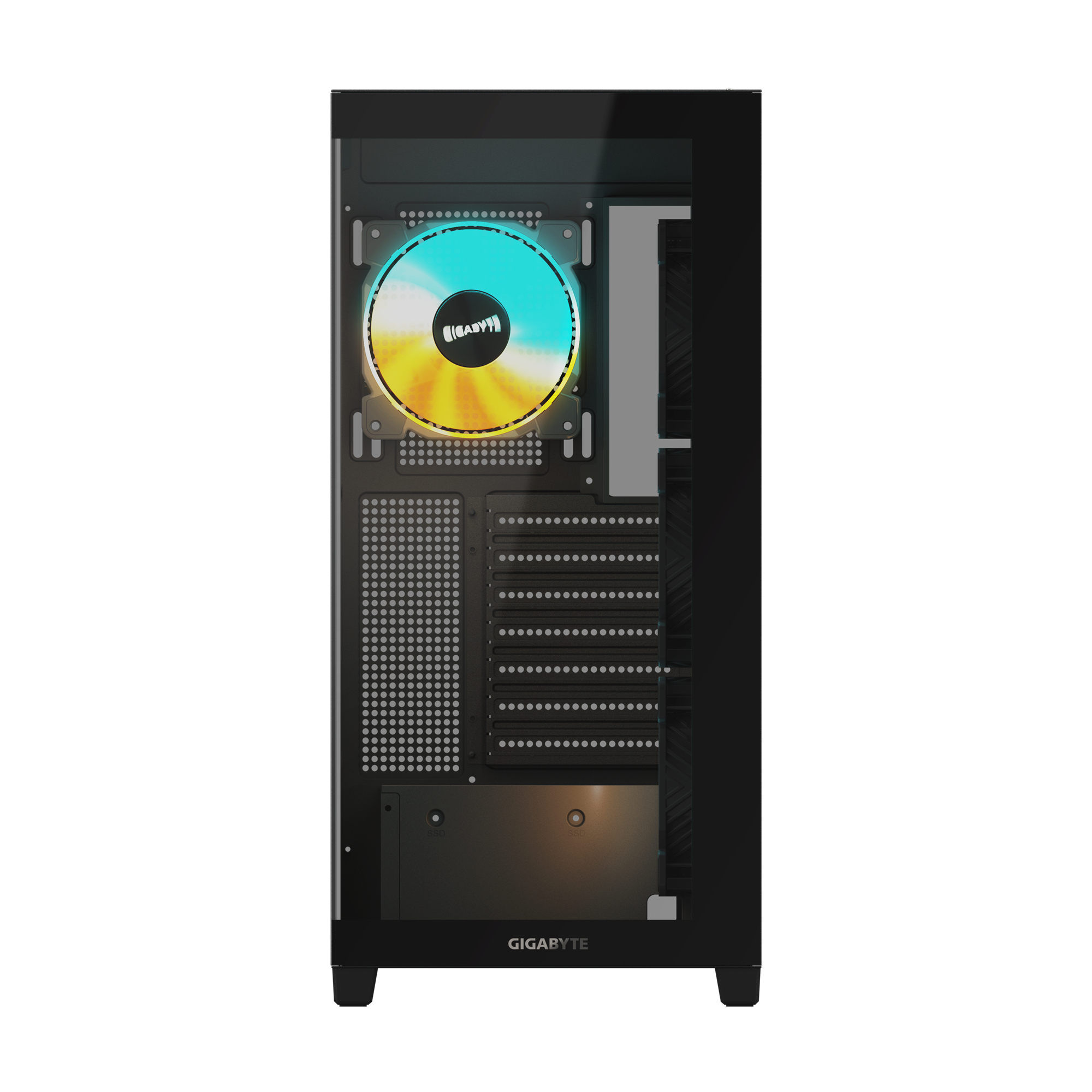 Case PC nero con lato in vetro e una ventola RGB. Logo Gigabyte visibile. Vista posteriore del case.