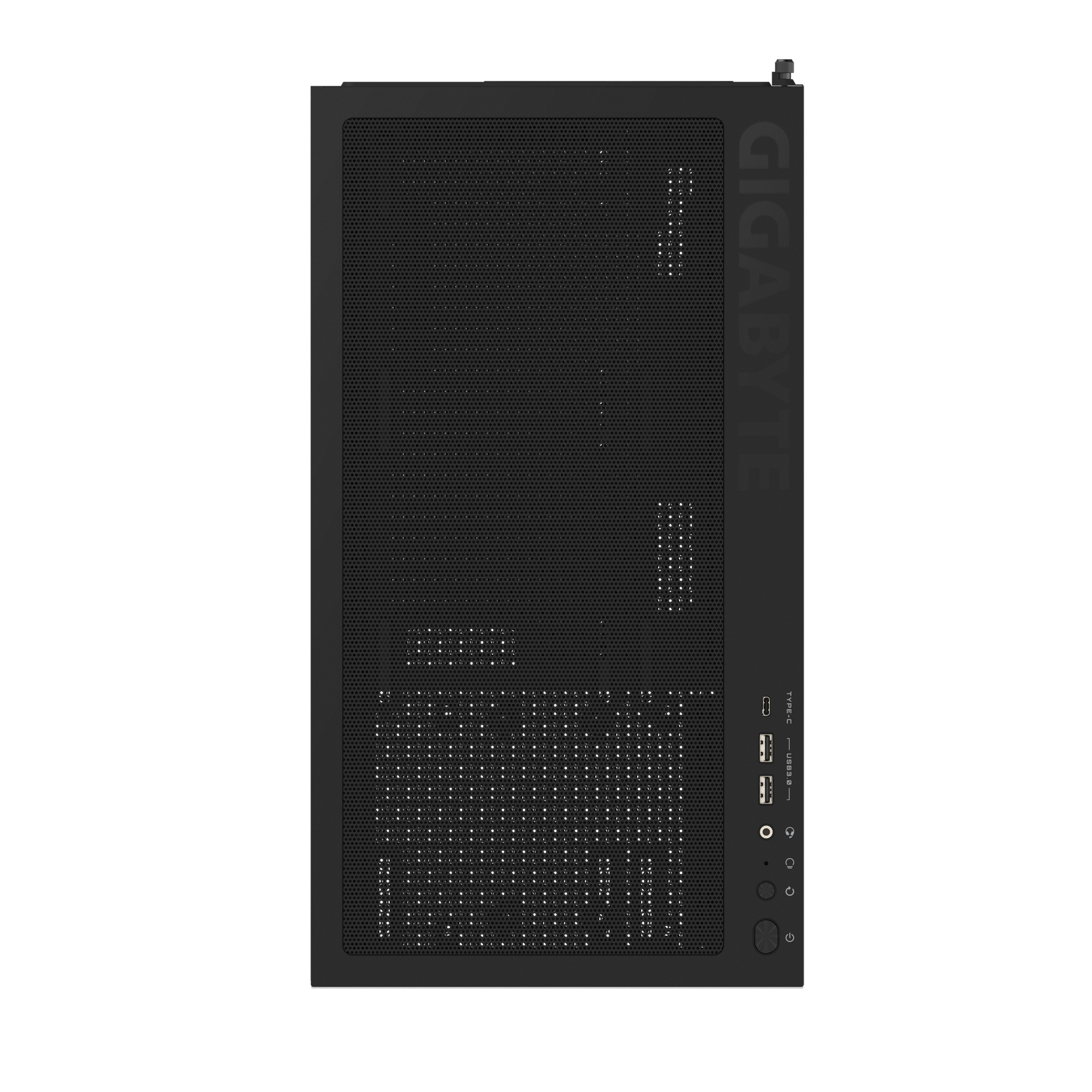 Vista frontale del case per PC nero. Pannello frontale perforato con porte di alimentazione e USB. Logo Gigabyte.