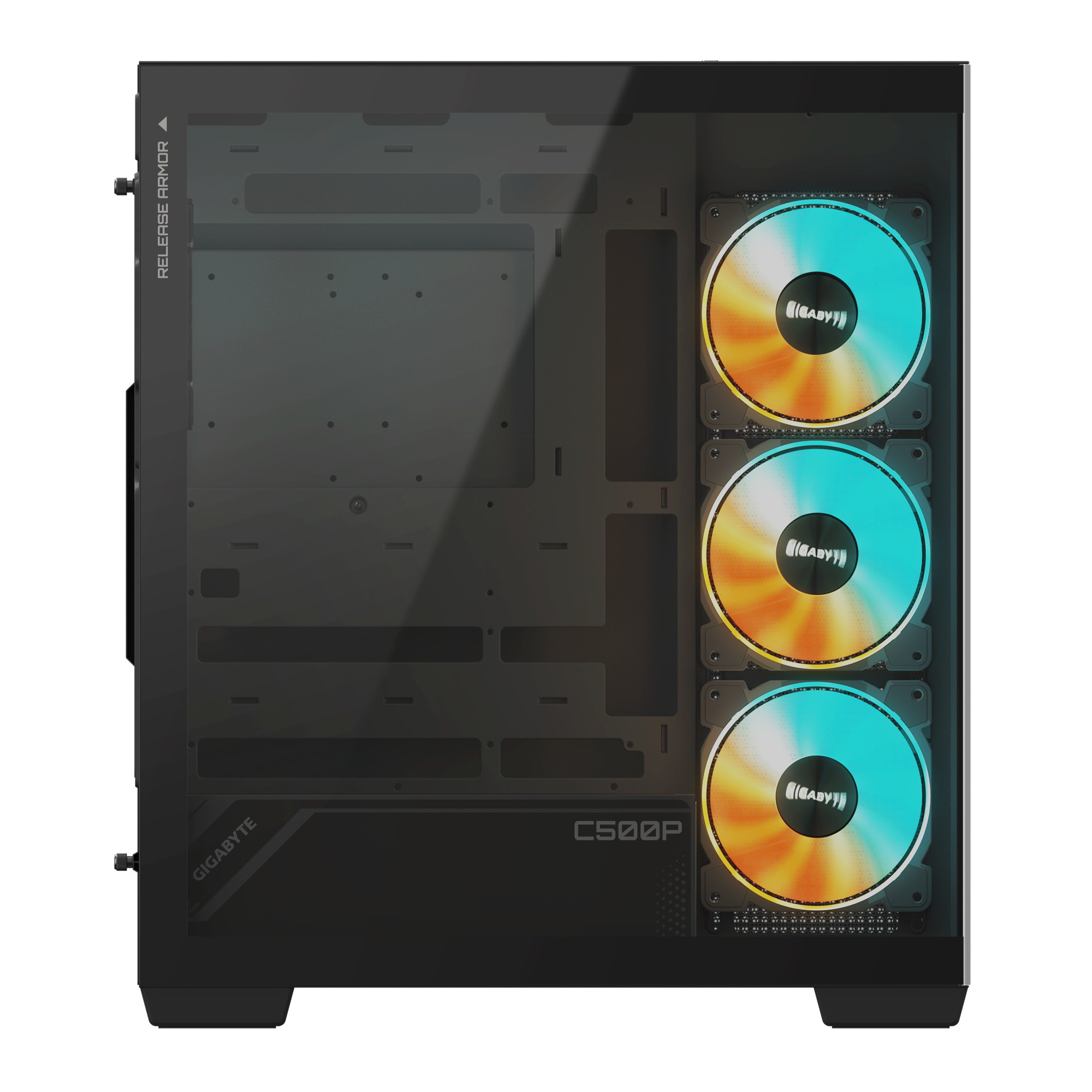 Case per PC nero con ventole. Sono visibili tre ventole con luci arancioni e blu.
