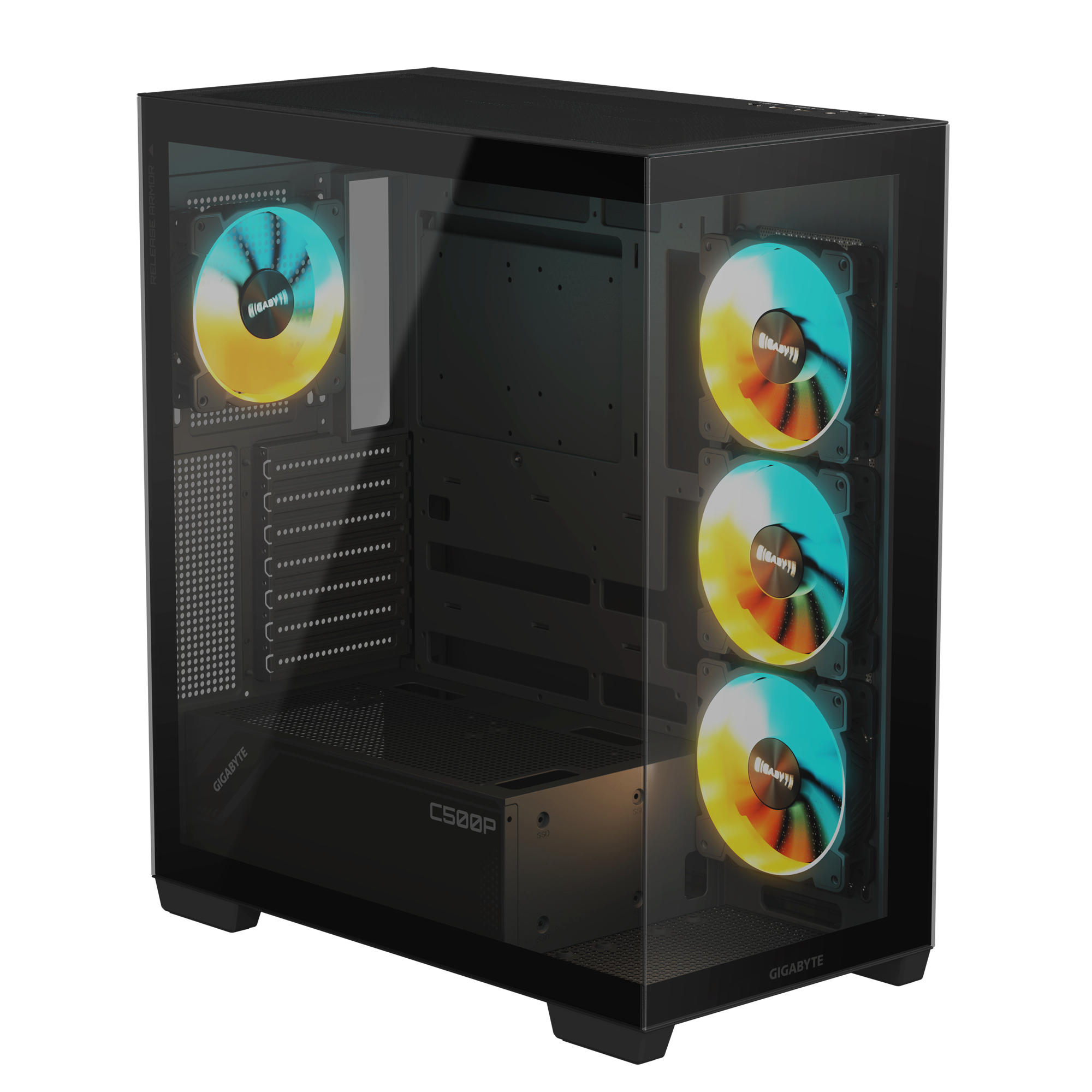 Case PC Gigabyte nero con lato in vetro. Interno con ventole e illuminazione RGB visibile.