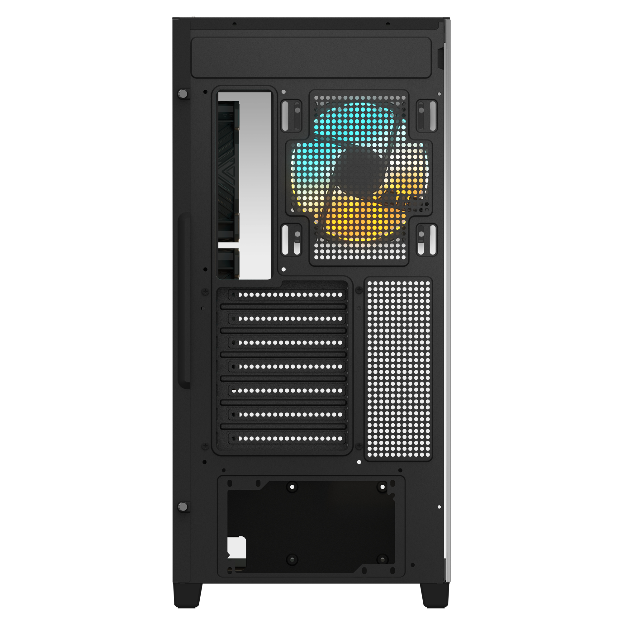 Vista posteriore interna del case del PC nero, che mostra la ventola e le aree di montaggio.