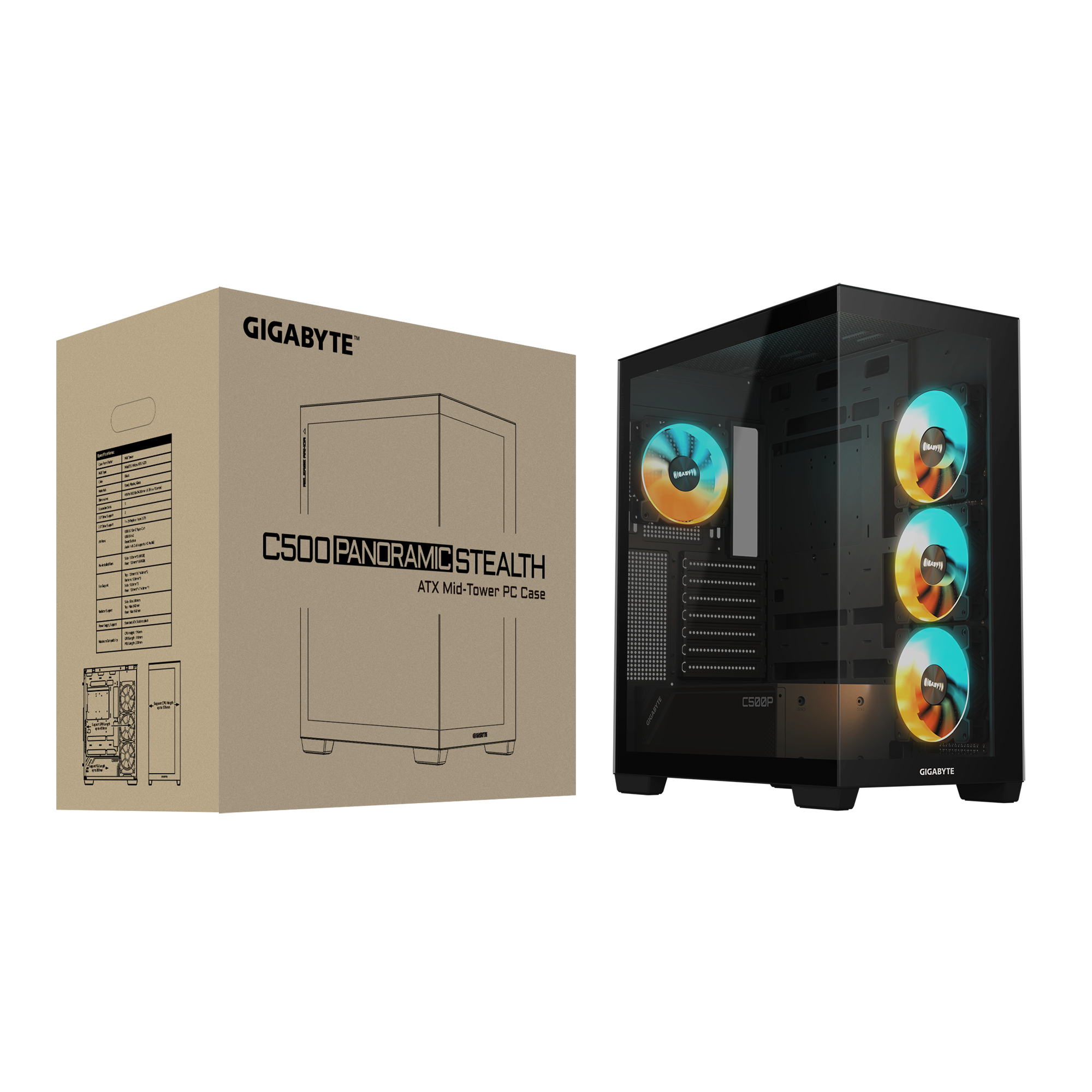 Case per computer con scatola. La scatola dice C500 Panoramic Stealth, ATX Mid-Tower PC Case, case nero.