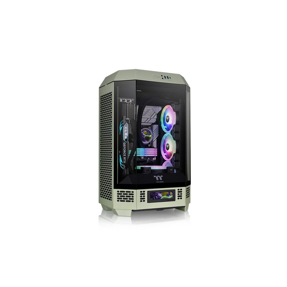 Un case per computer con un pannello laterale in vetro. All'interno ci sono ventole colorate e altri componenti, su una superficie bianca.