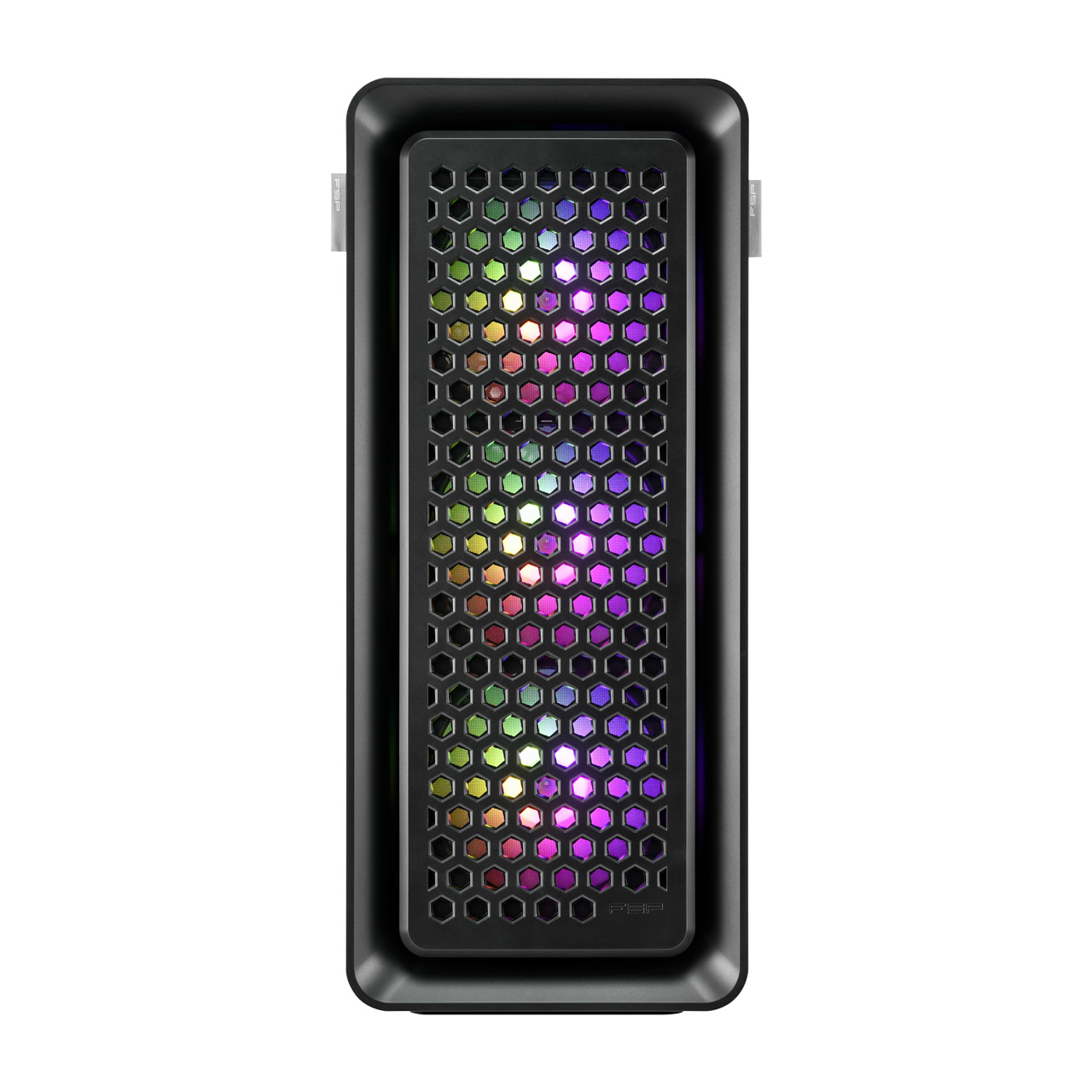 Case PC nero con frontale a nido d'ape e luci RGB.