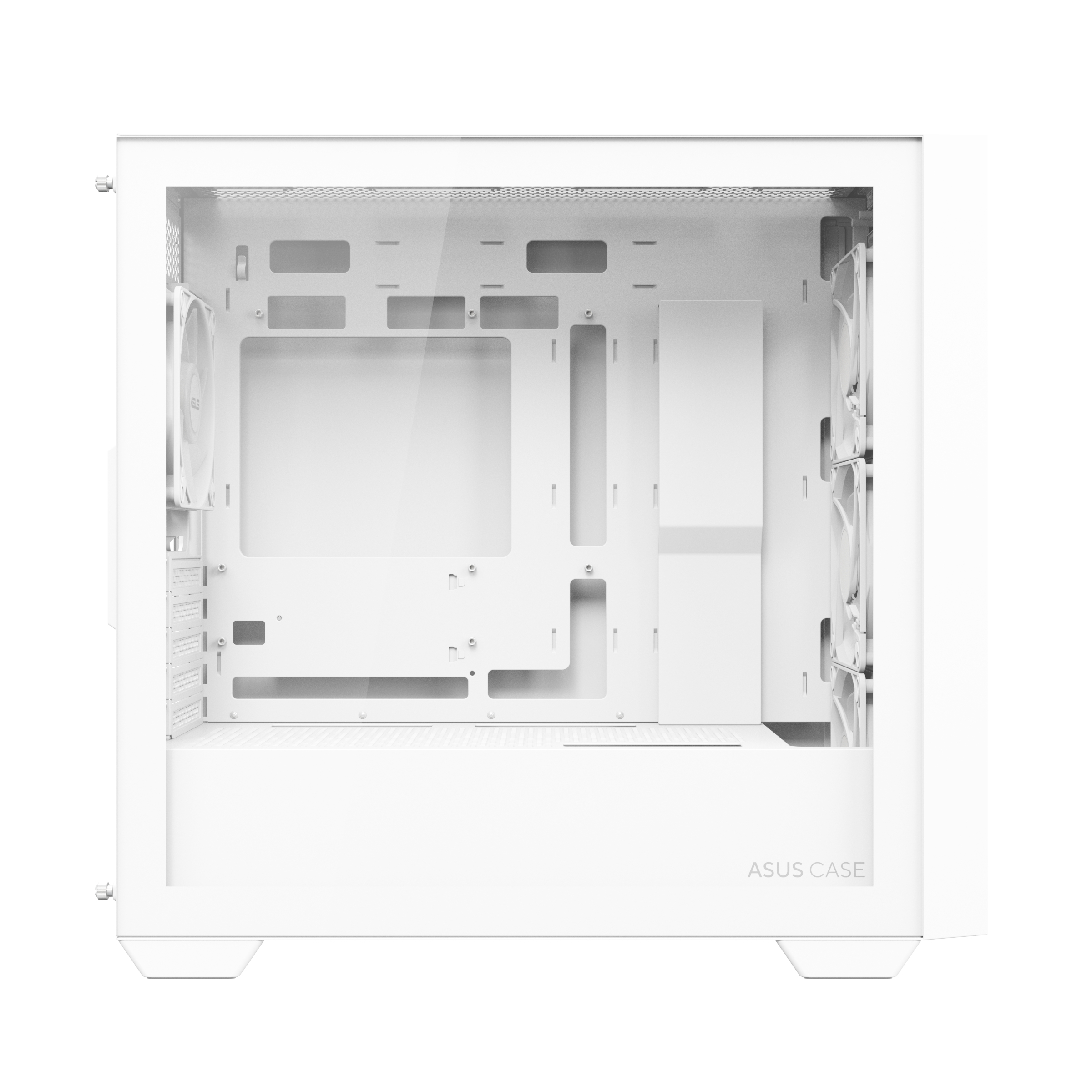 Wnętrze białej obudowy komputera z zamontowanymi wentylatorami. Posiada szklany panel boczny i czysty design.