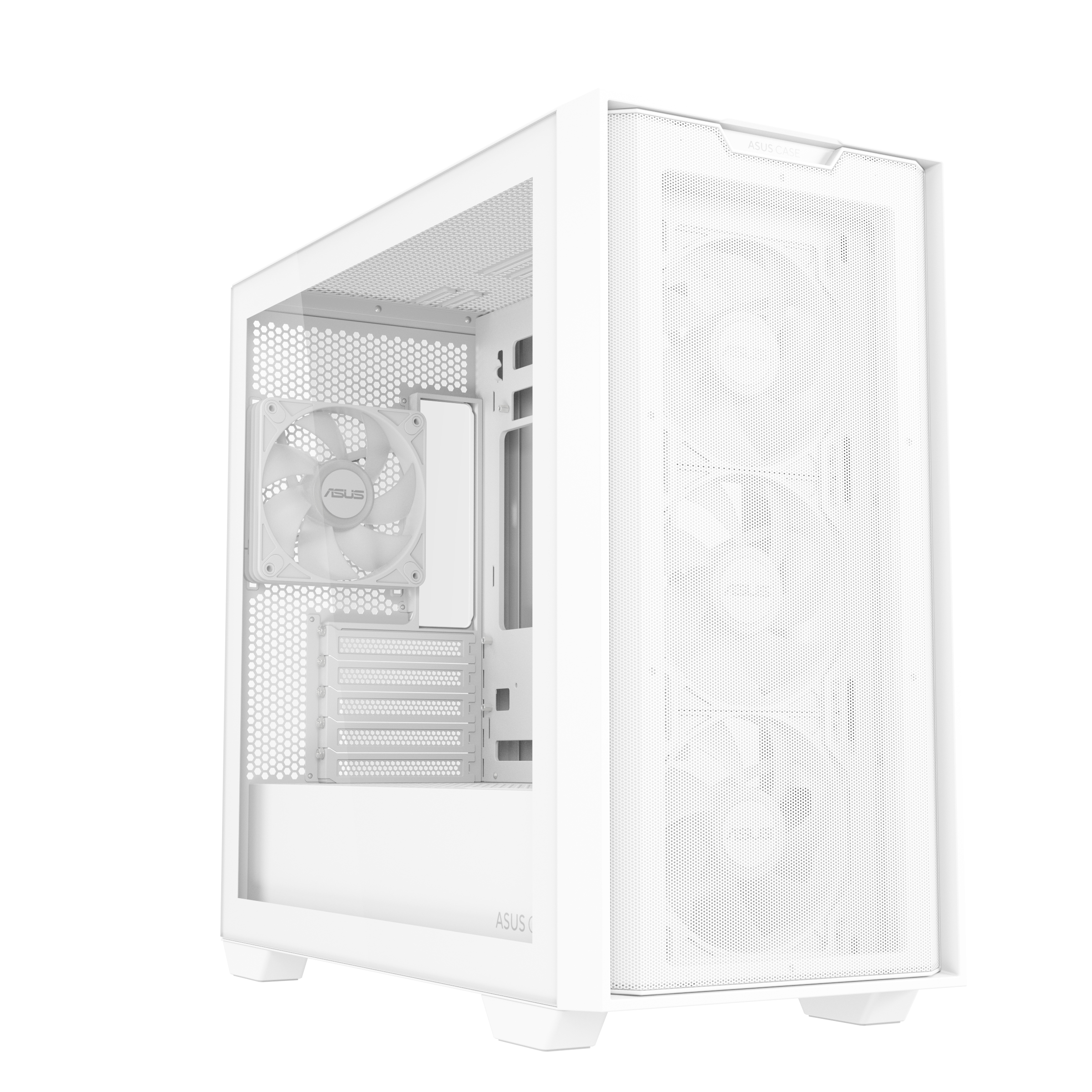 Biała obudowa ASUS PC. Szklany panel boczny, wentylator przedni i boczny widoczne.