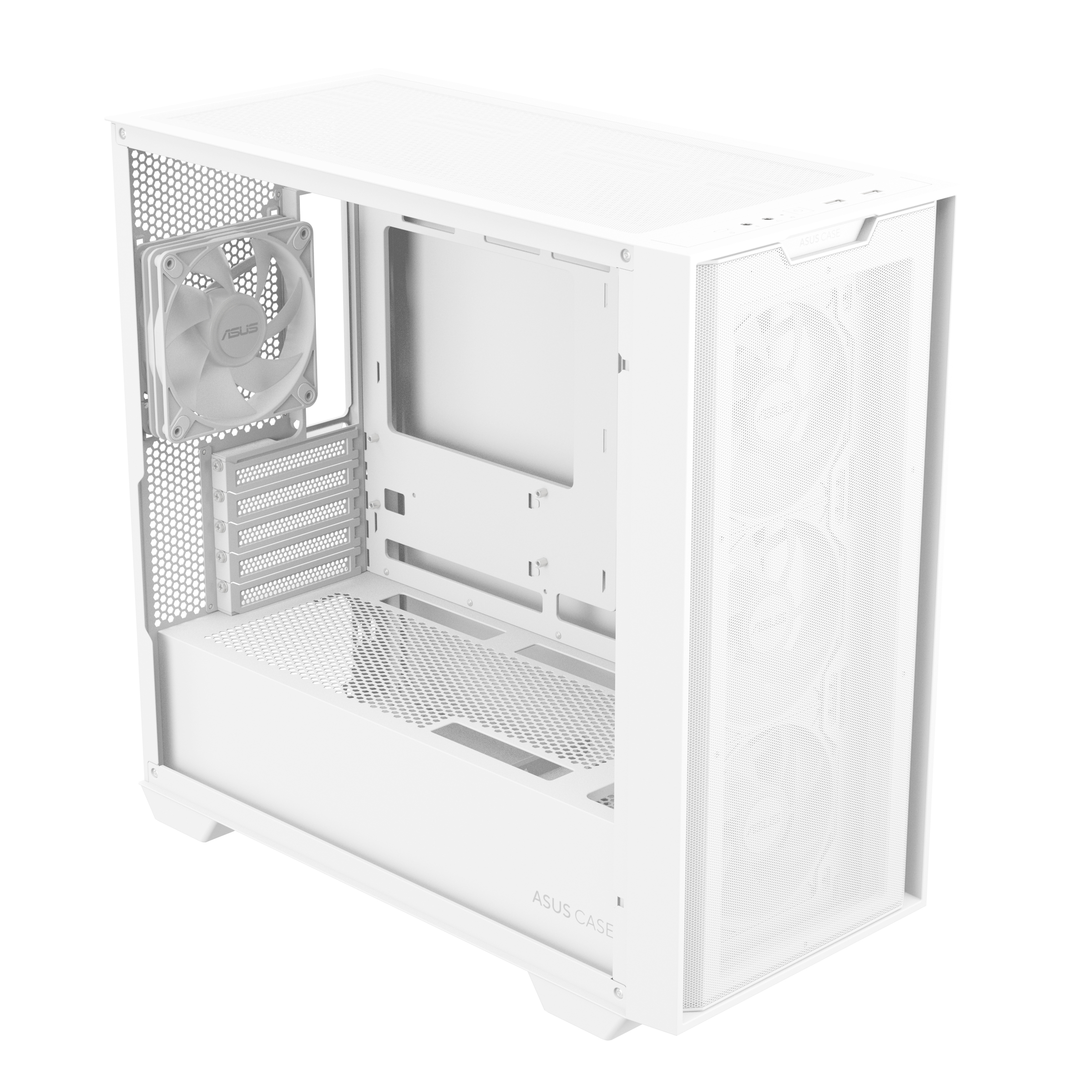 Biała obudowa ASUS PC. Szklany panel boczny i przedni z siatką i wentylatorem.