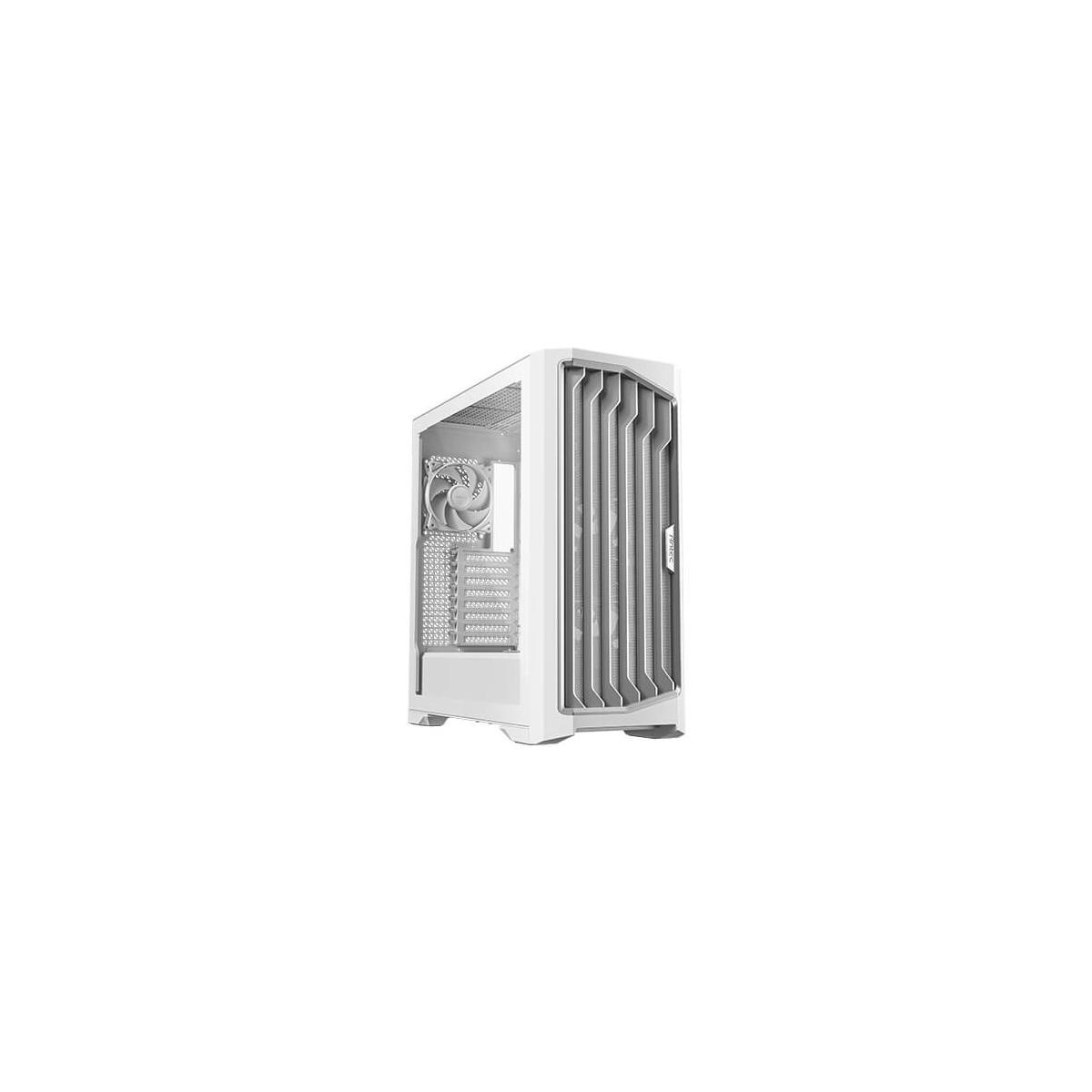 Boîtier d'ordinateur blanc. Design vertical avec ventilateur visible. Panneau latéral avec fentes.