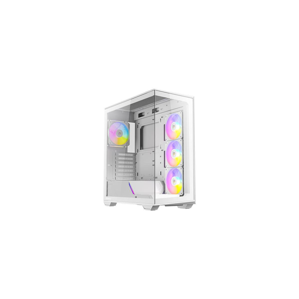 Boîtier PC blanc avec ventilateurs, vue latérale. Il a un panneau en verre et des ventilateurs RGB.