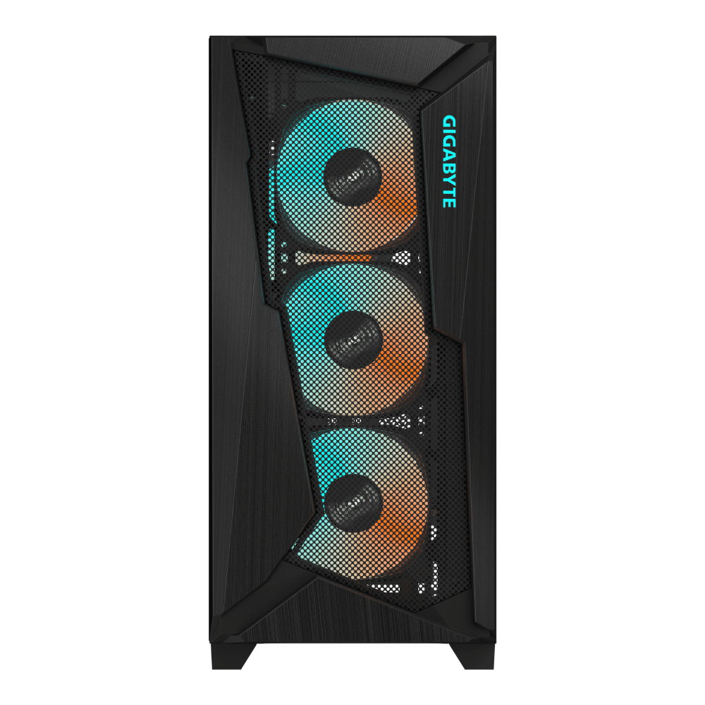 Case per computer nero con tre ventole RGB e un pannello frontale a rete. Il marchio Gigabyte è visibile.