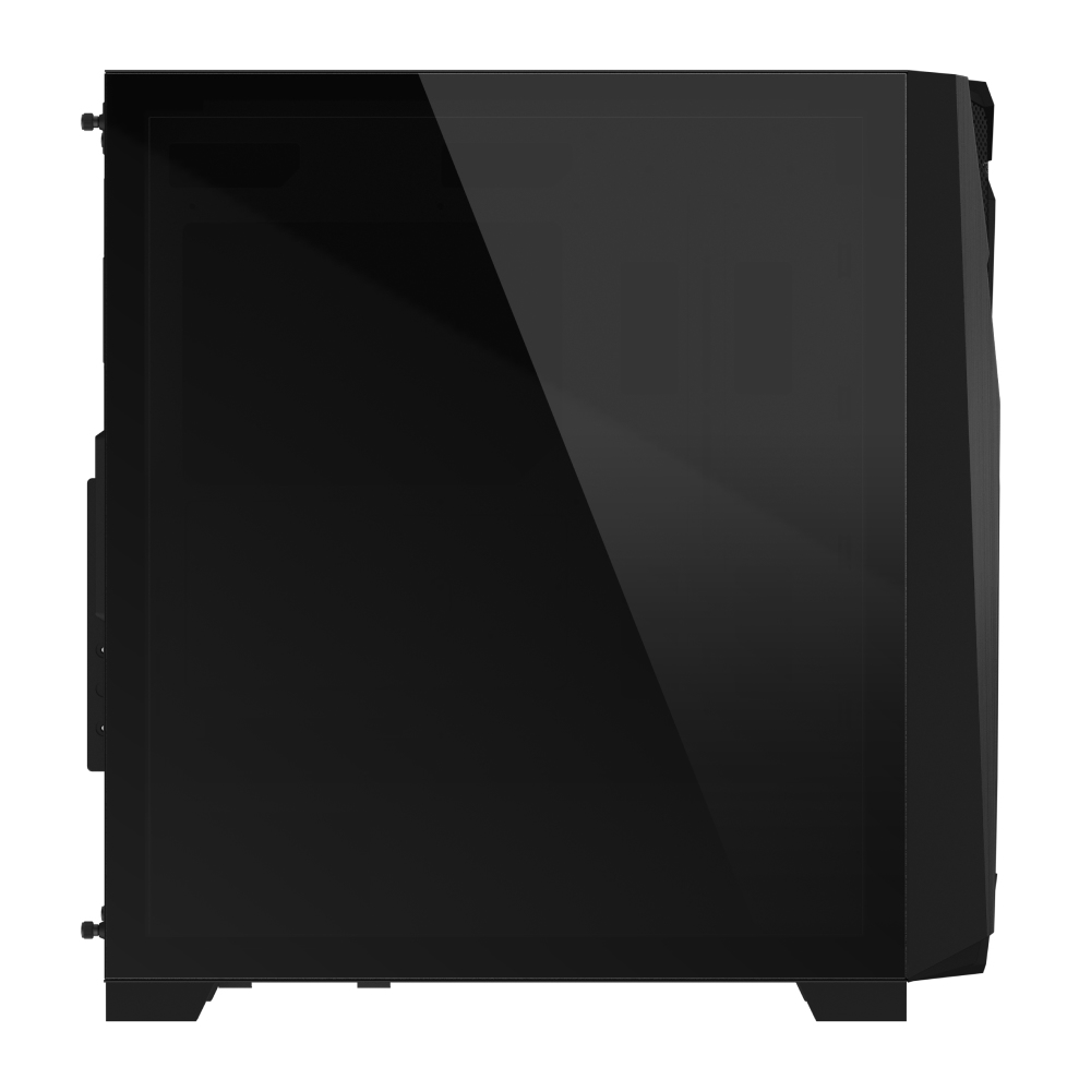 Case PC nero, vista laterale. Presenta un pannello in vetro, che riflette la luce.