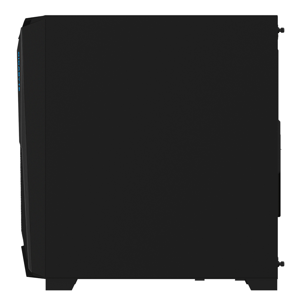 Case per PC nero, vista laterale. È liscio, con un motivo a rete sul lato sinistro.