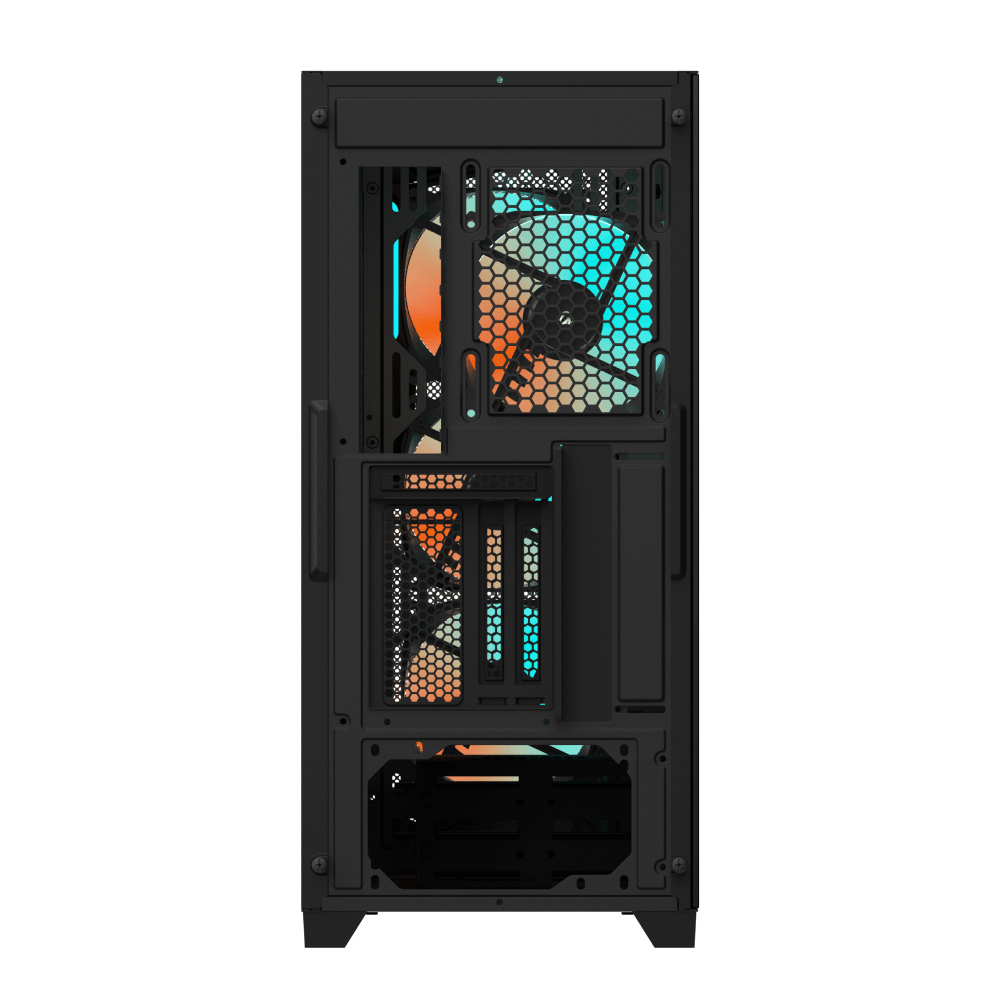 Interno di un case per PC nero, con supporti per ventole, slot e aree di ventilazione. Sfondo sfocato.