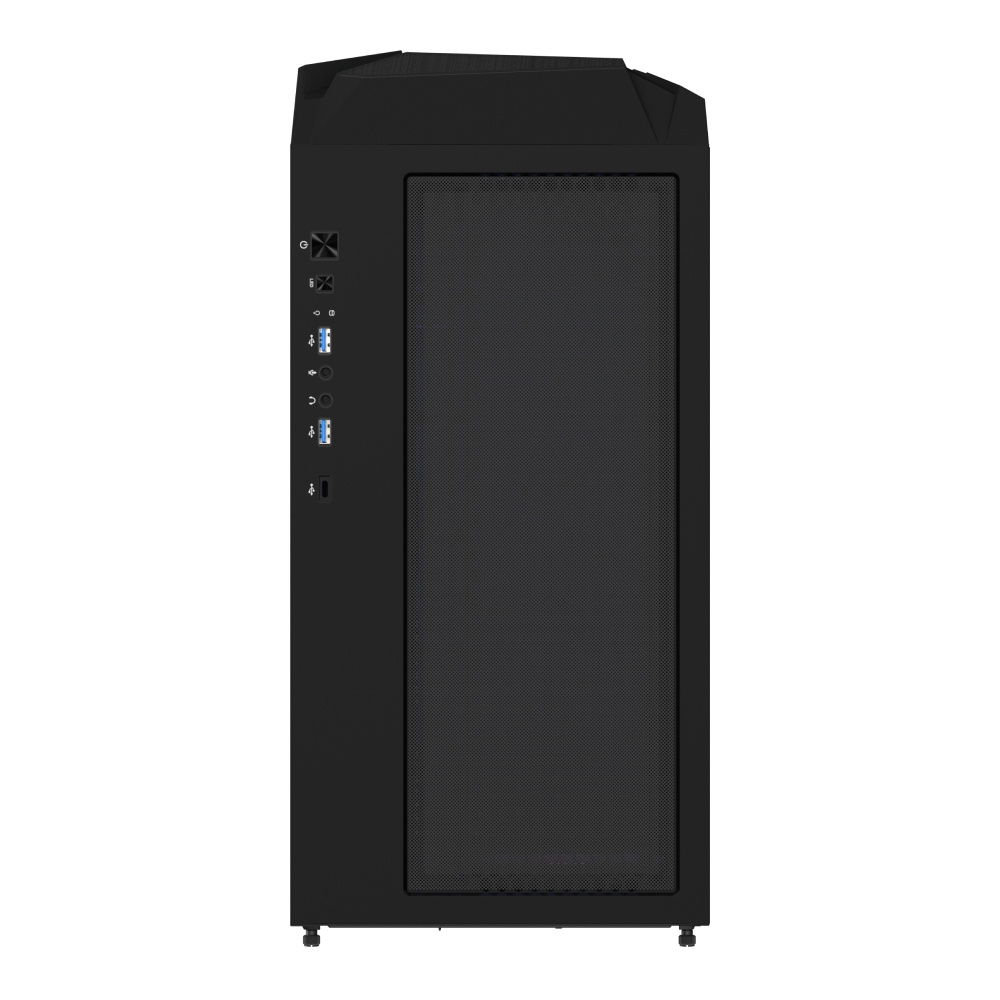 Case PC nero, vista frontale. Pannello frontale a rete con pulsanti e porte. Design minimalista.