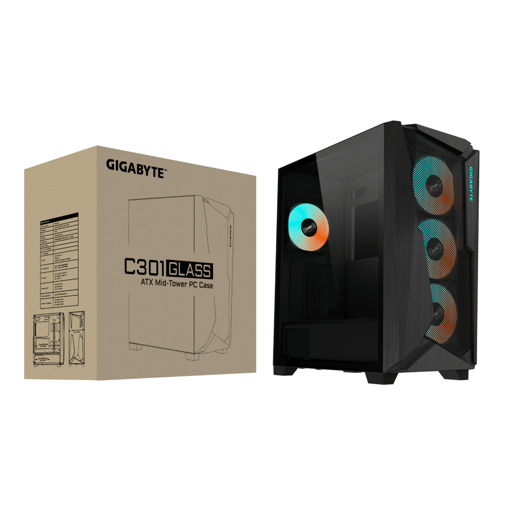 Case per PC nella scatola, accanto al case assemblato. Scatola con testo, case assemblato con ventole. Pannello laterale in vetro.