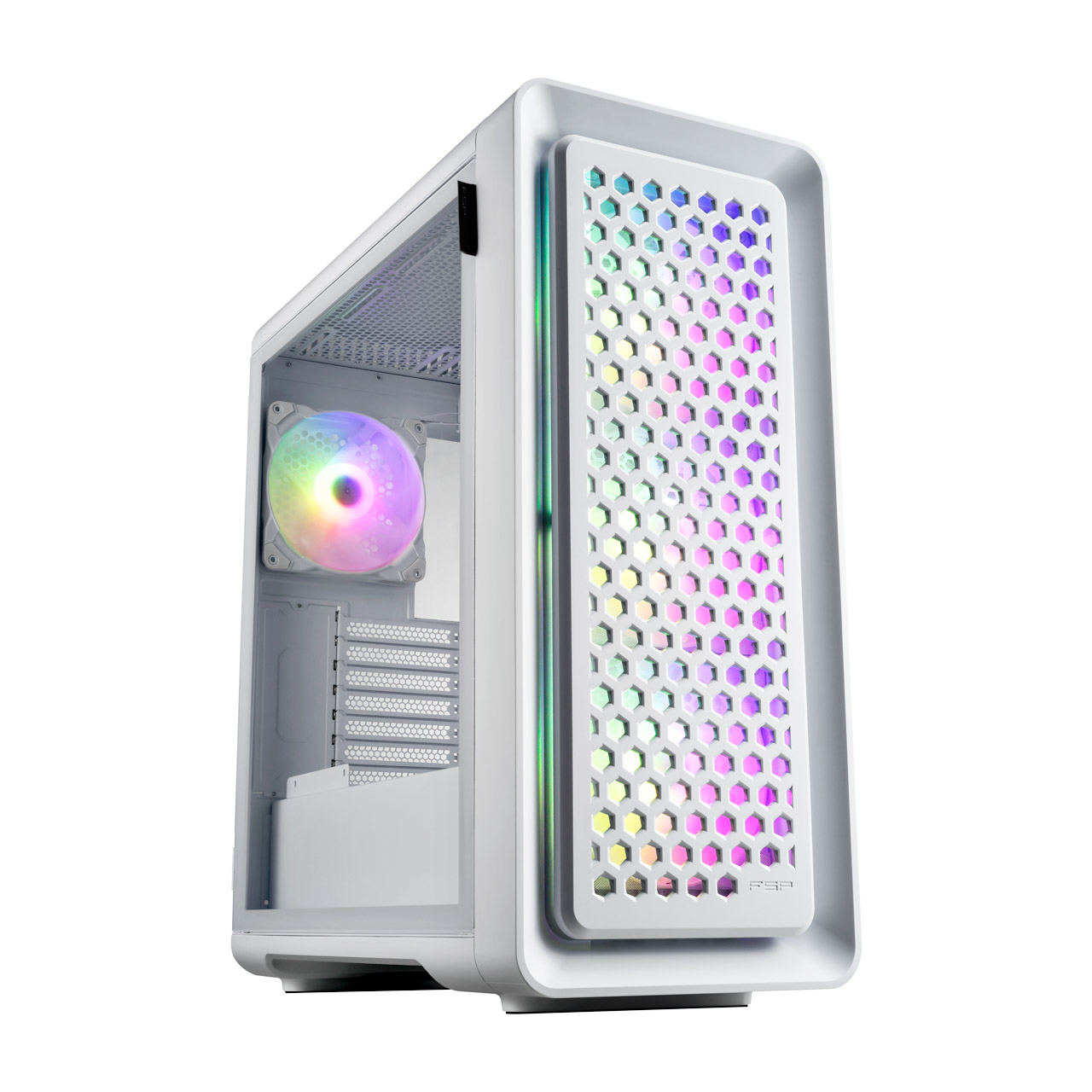 Case PC bianco con frontale a nido d'ape, ventola laterale e illuminazione RGB.