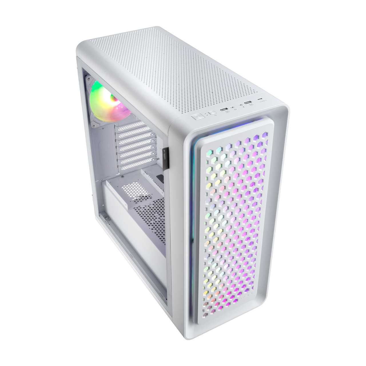 Case PC bianco con vista angolata, con pannello frontale che mostra luci RGB.