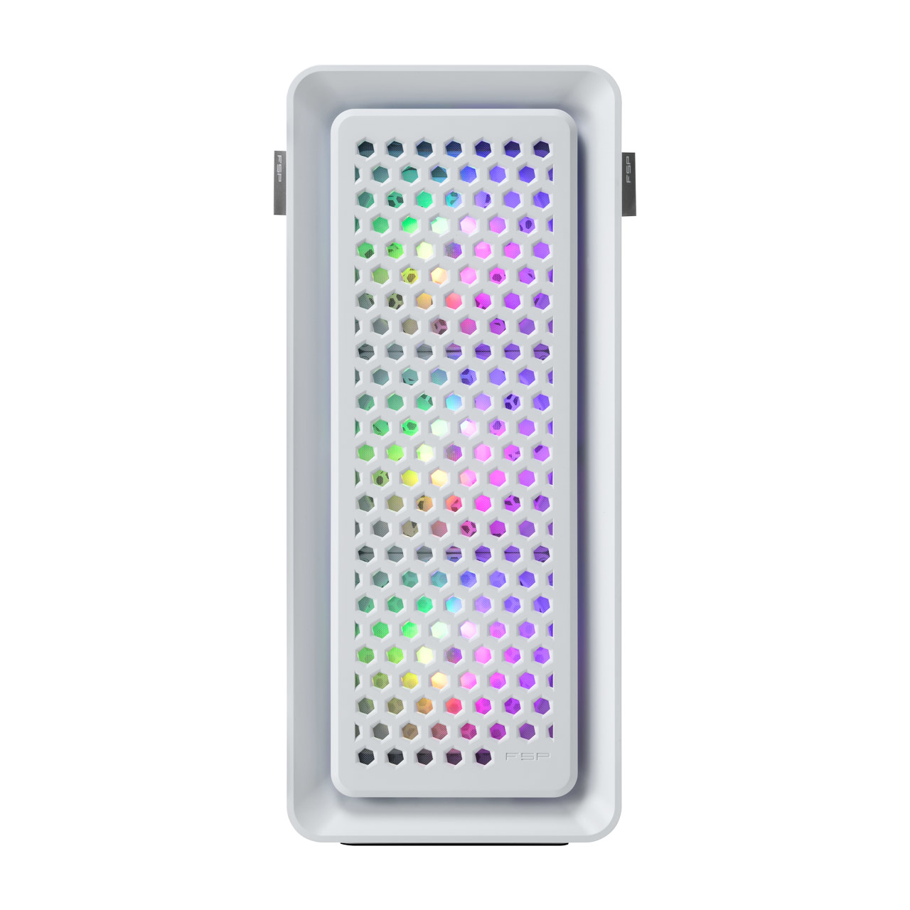 Pannello frontale del case per PC bianco. Fori esagonali con luci multicolore. Cornice bianca, testo FSP.