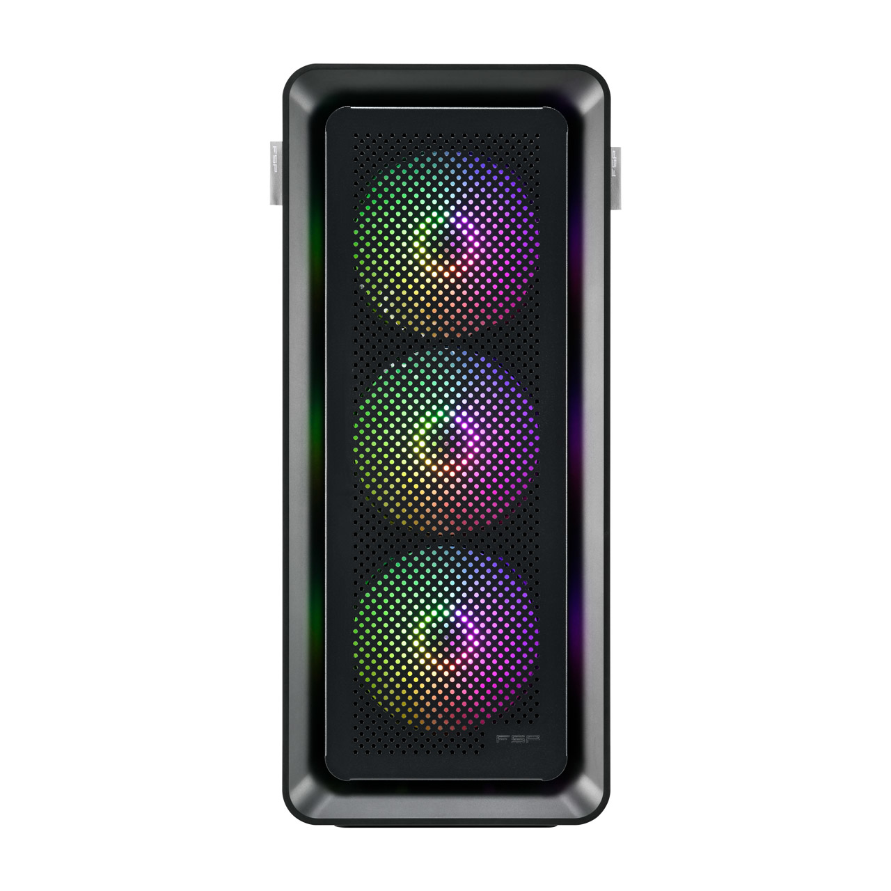 Pannello frontale nero di case per computer con tre ventole illuminate. Effetto arcobaleno sulle ventole.