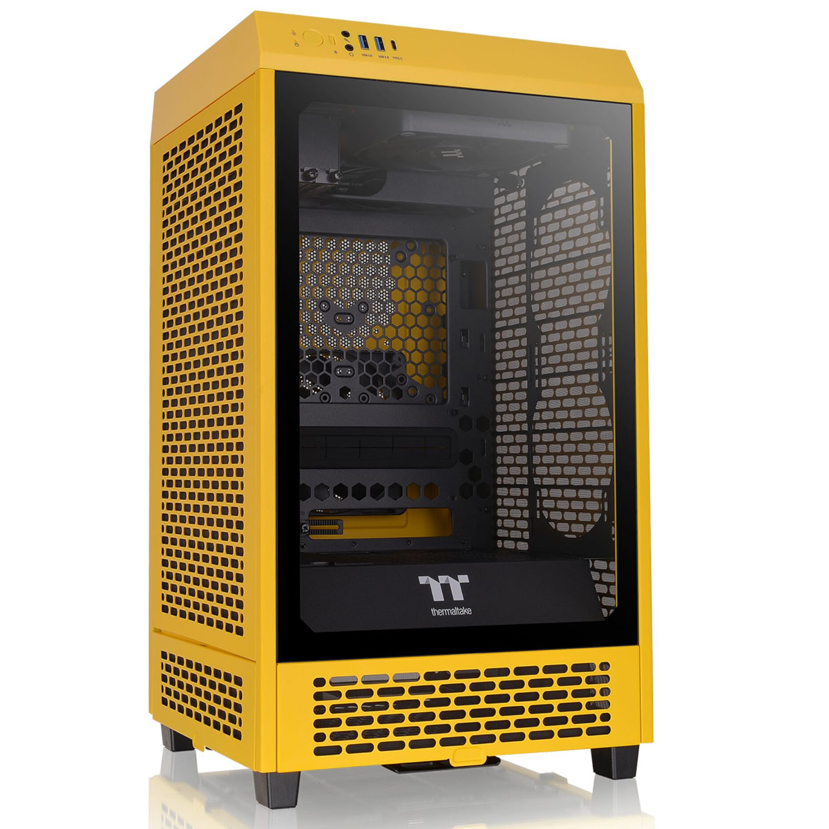 Case PC giallo con un pannello laterale in vetro trasparente. Ha un pannello a rete e porte superiori.