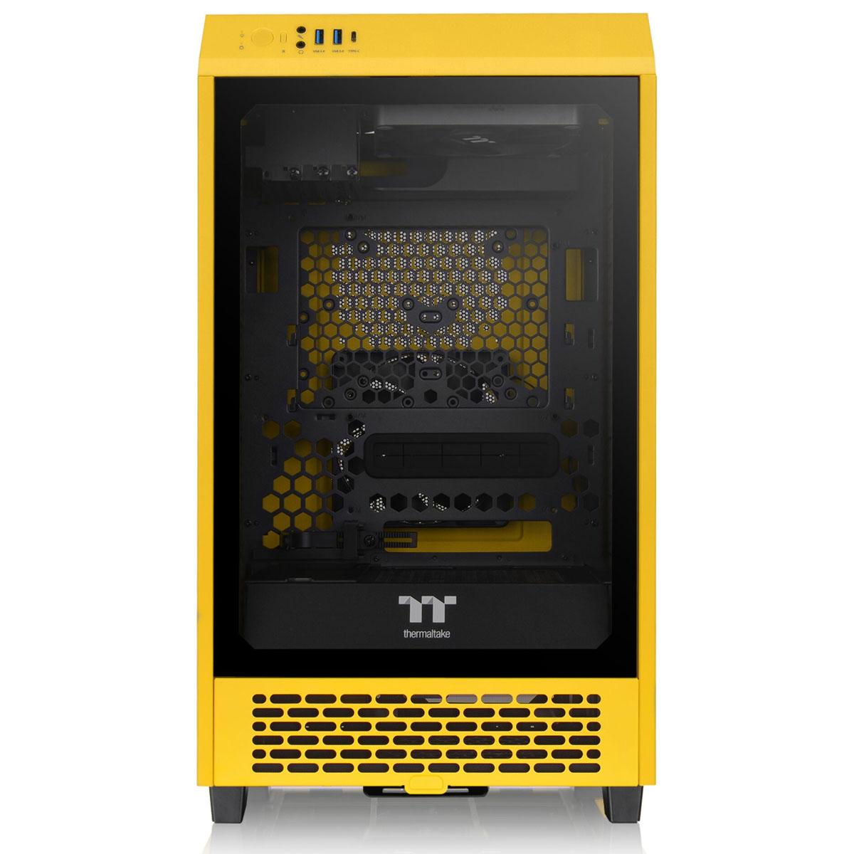 Case PC giallo, vista frontale con motivo a nido d'ape in basso.