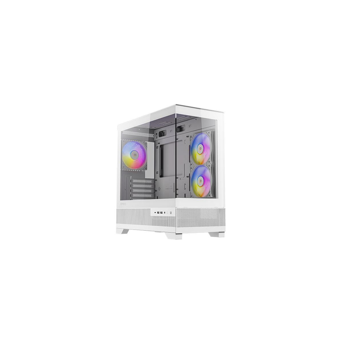 Case PC bianco con lato in vetro. Tre ventole RGB visibili. Vista angolata su sfondo bianco.