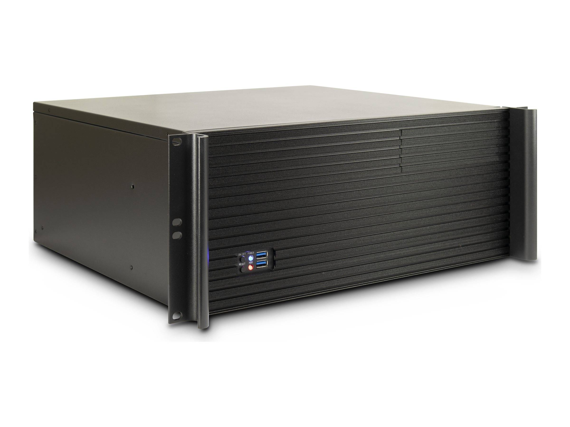 Case server nero, vista frontale. Ha una forma rettangolare con linee orizzontali.