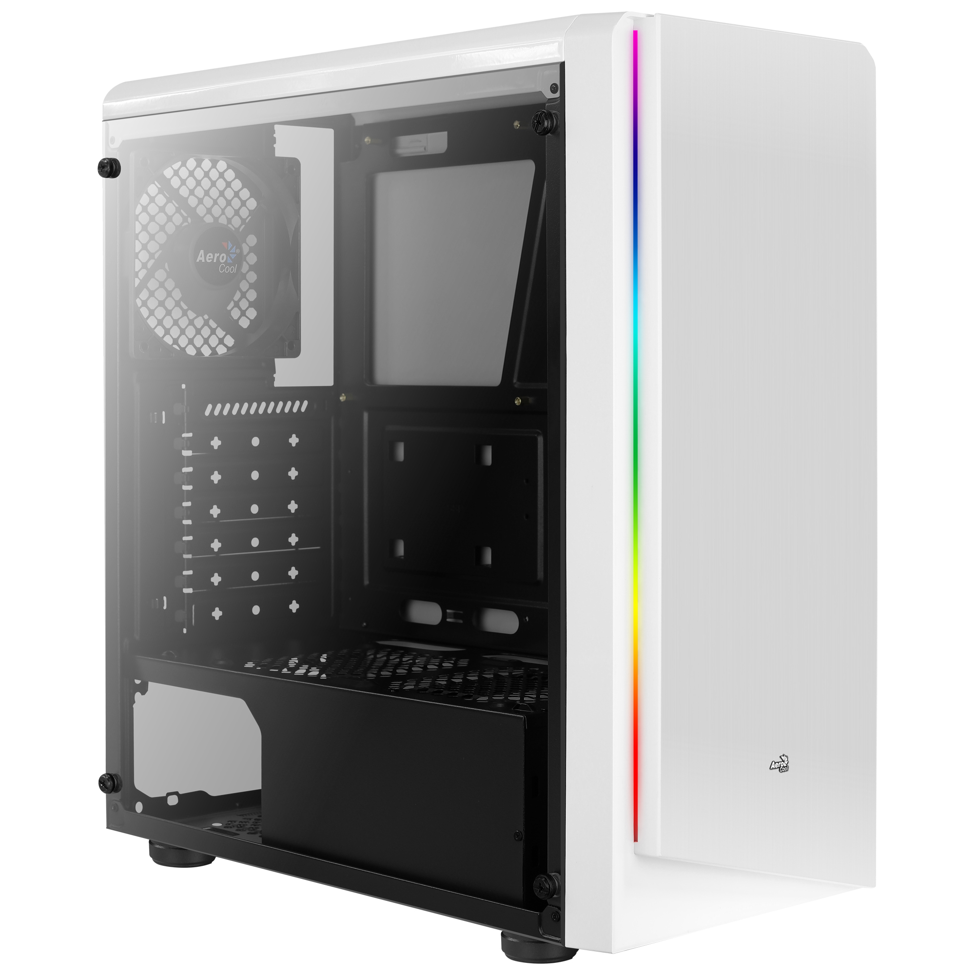 Case per PC bianco con pannello laterale in vetro e una striscia LED arcobaleno. C'è una ventola all'interno.