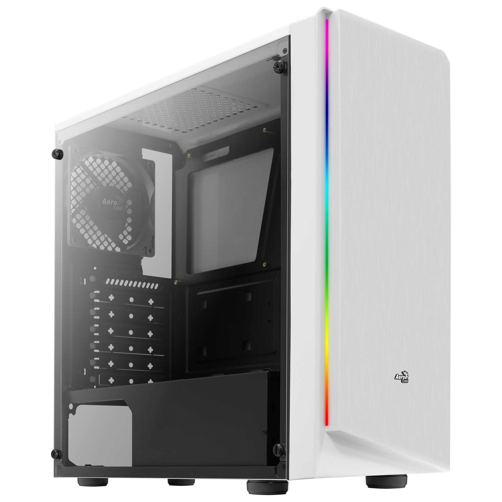 Case per PC bianco con pannello laterale trasparente. Ventola e interno visibili. Striscia luminosa RGB sul lato destro.
