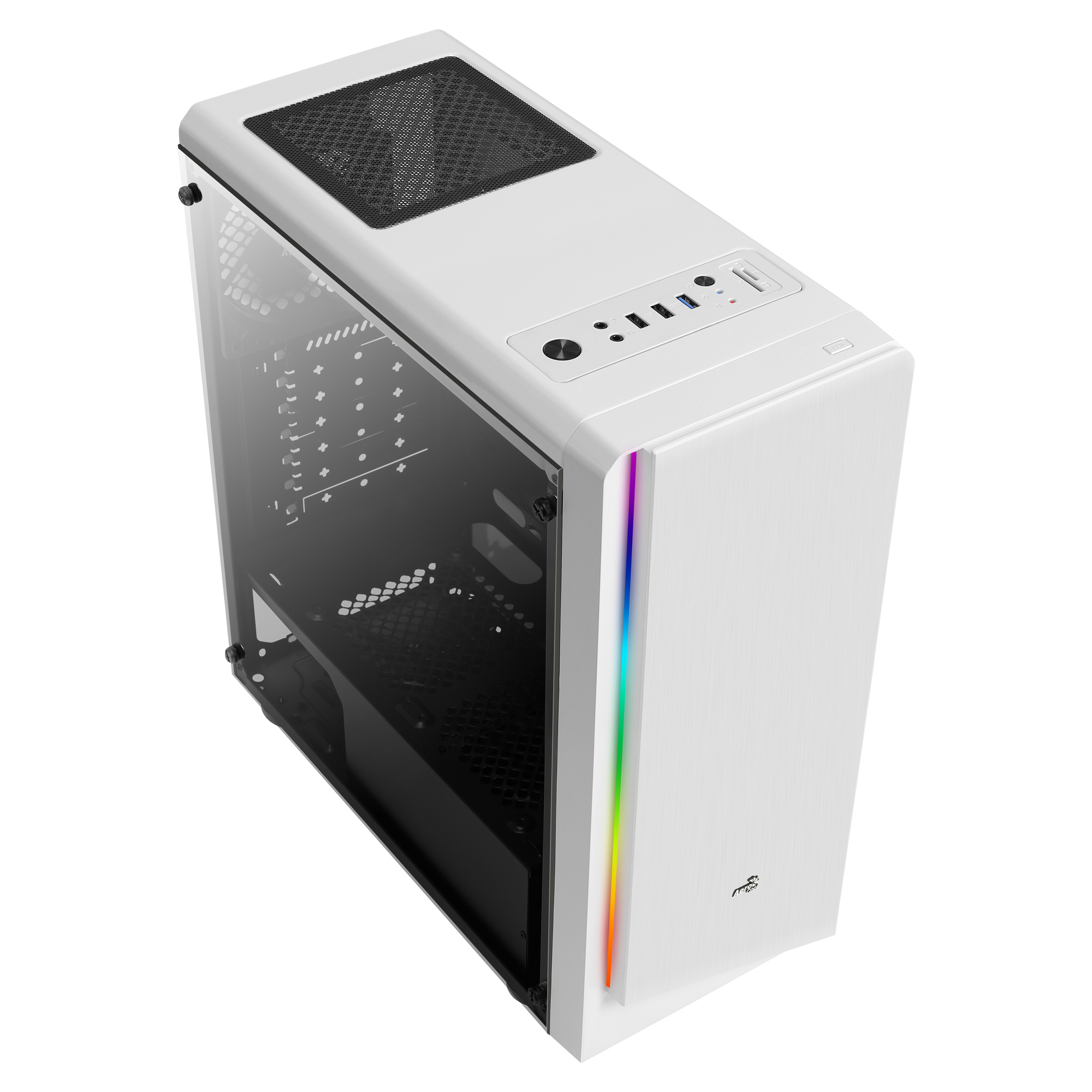 Case per PC bianco con pannello laterale in vetro e illuminazione RGB sul davanti. Parte superiore con porte e pulsanti.
