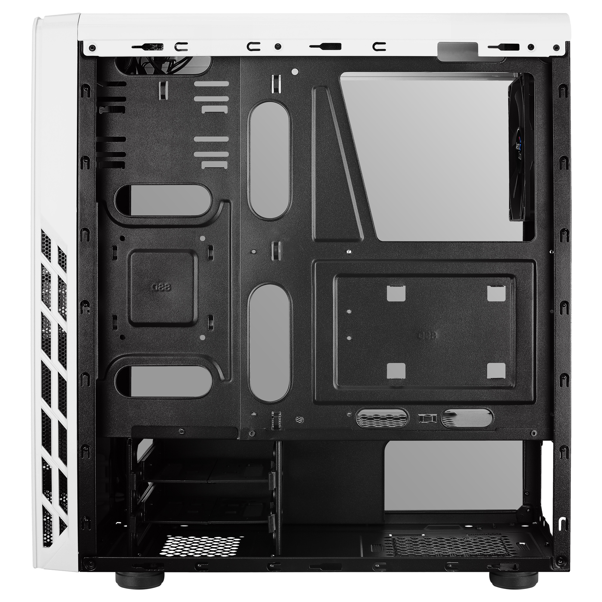 Interno di un case per PC bianco e nero. Ha supporti per ventole, ritagli per cavi e un design pulito.