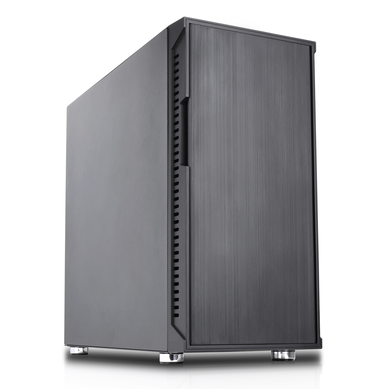 Case PC nero con pannello frontale strutturato e piedini argentati.
