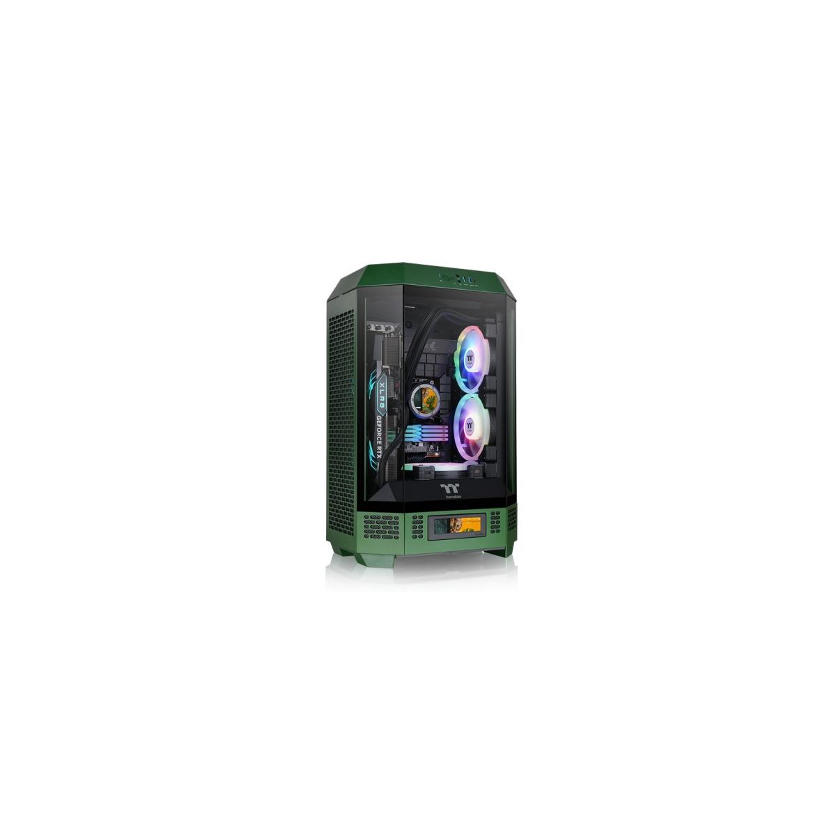 Case per computer verde con pannello laterale in vetro, ventole e componenti interni.