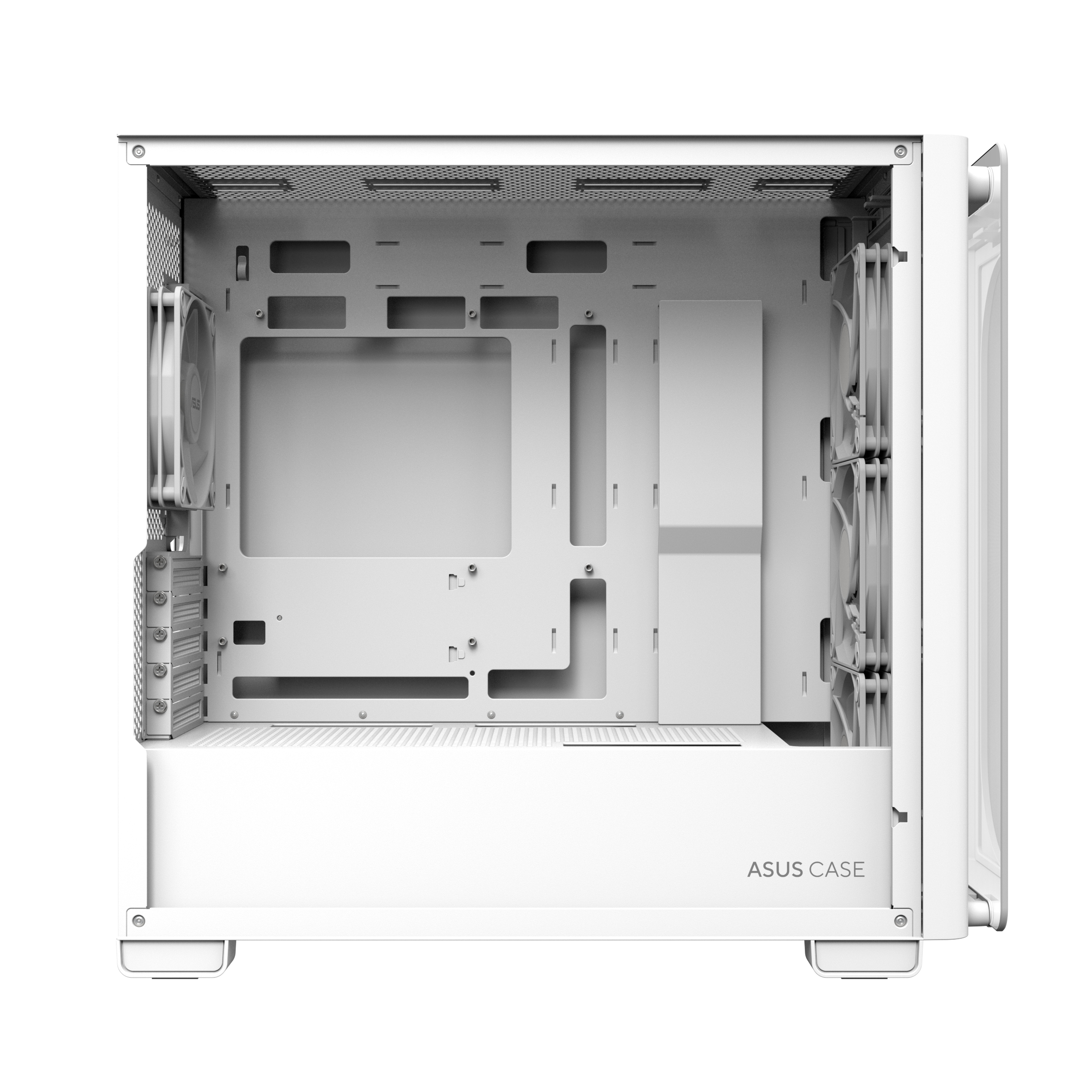 Wnętrze białej obudowy komputera. Obudowa jest pusta, z wentylatorami i logo ASUS CASE.