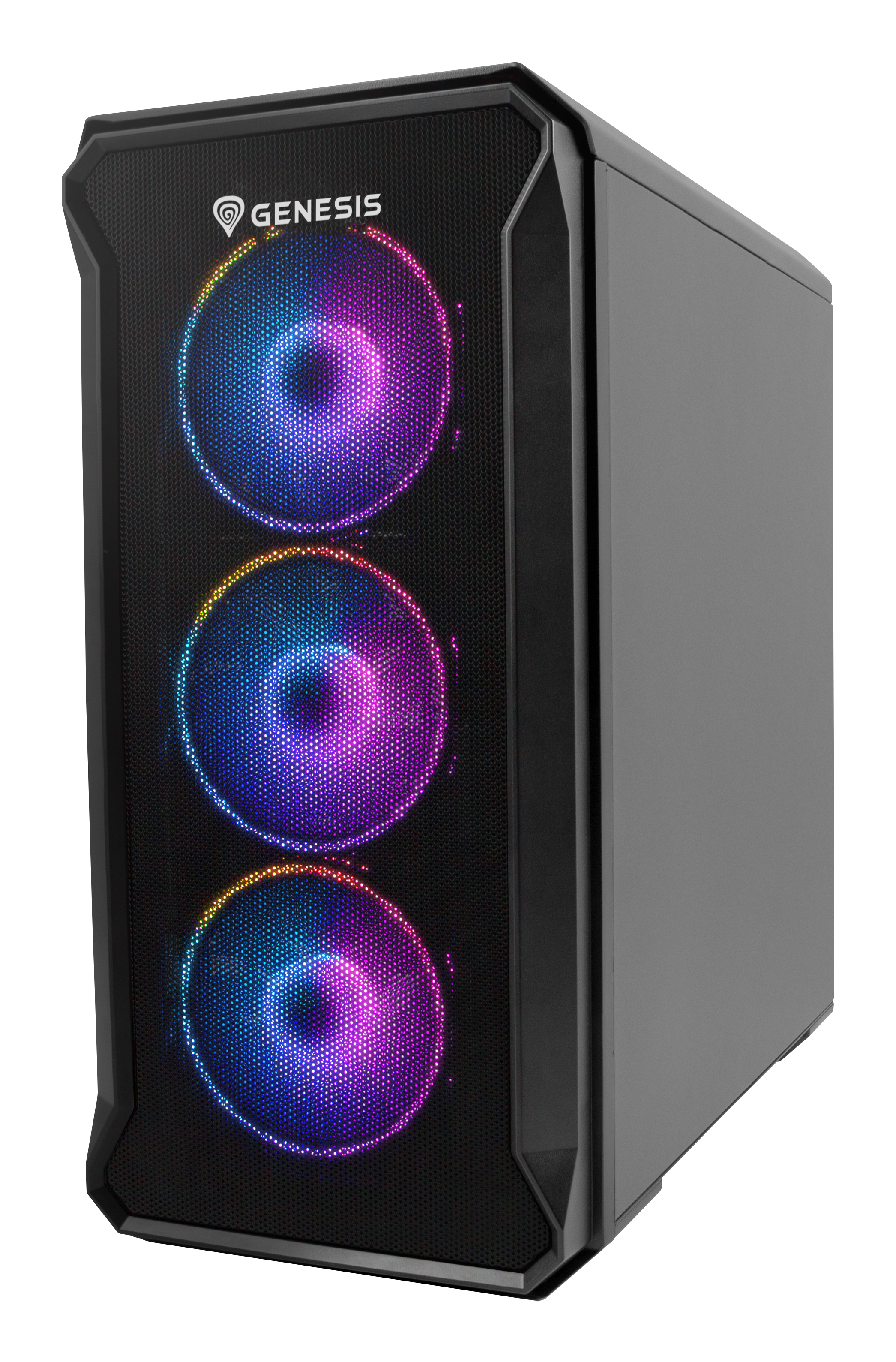 Czarna obudowa komputera z wentylatorami RGB. Przód ma siatkowy wzór z logo Genesis.