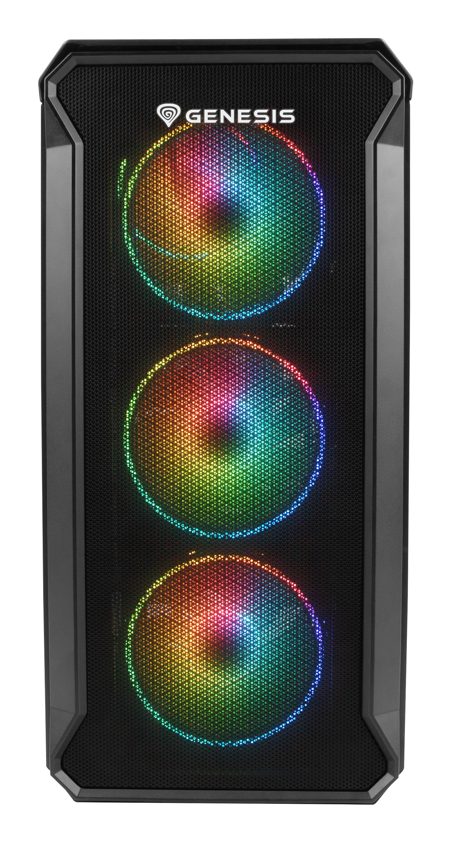 Czarna obudowa komputera z tęczowymi wentylatorami LED.