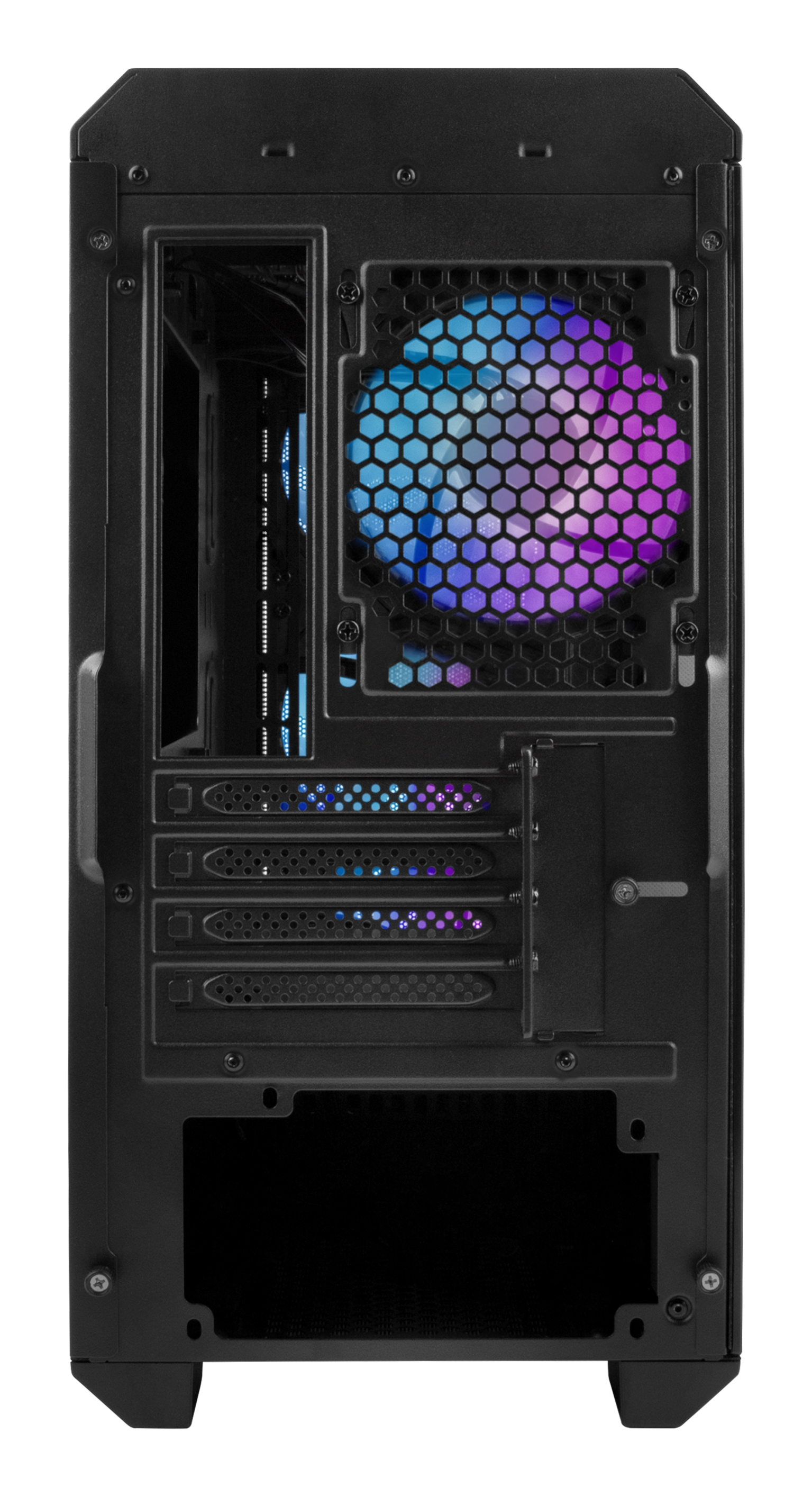 Czarna obudowa komputera z wentylatorem z oświetleniem RGB i kilkoma gniazdami na komponenty.