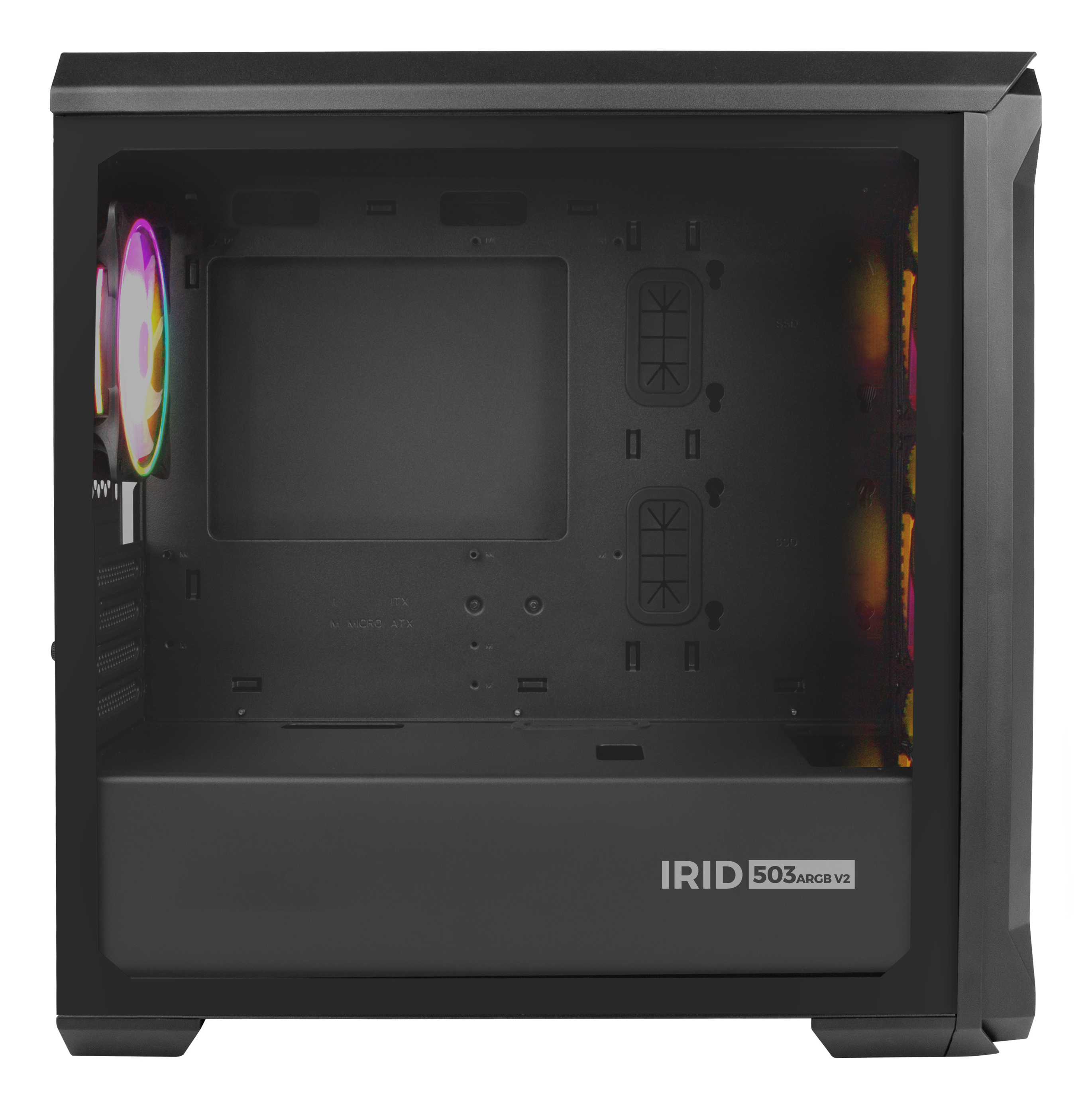 Czarne wnętrze obudowy komputera z tęczowym wentylatorem po lewej i prawej stronie, pusta przestrzeń w środku.