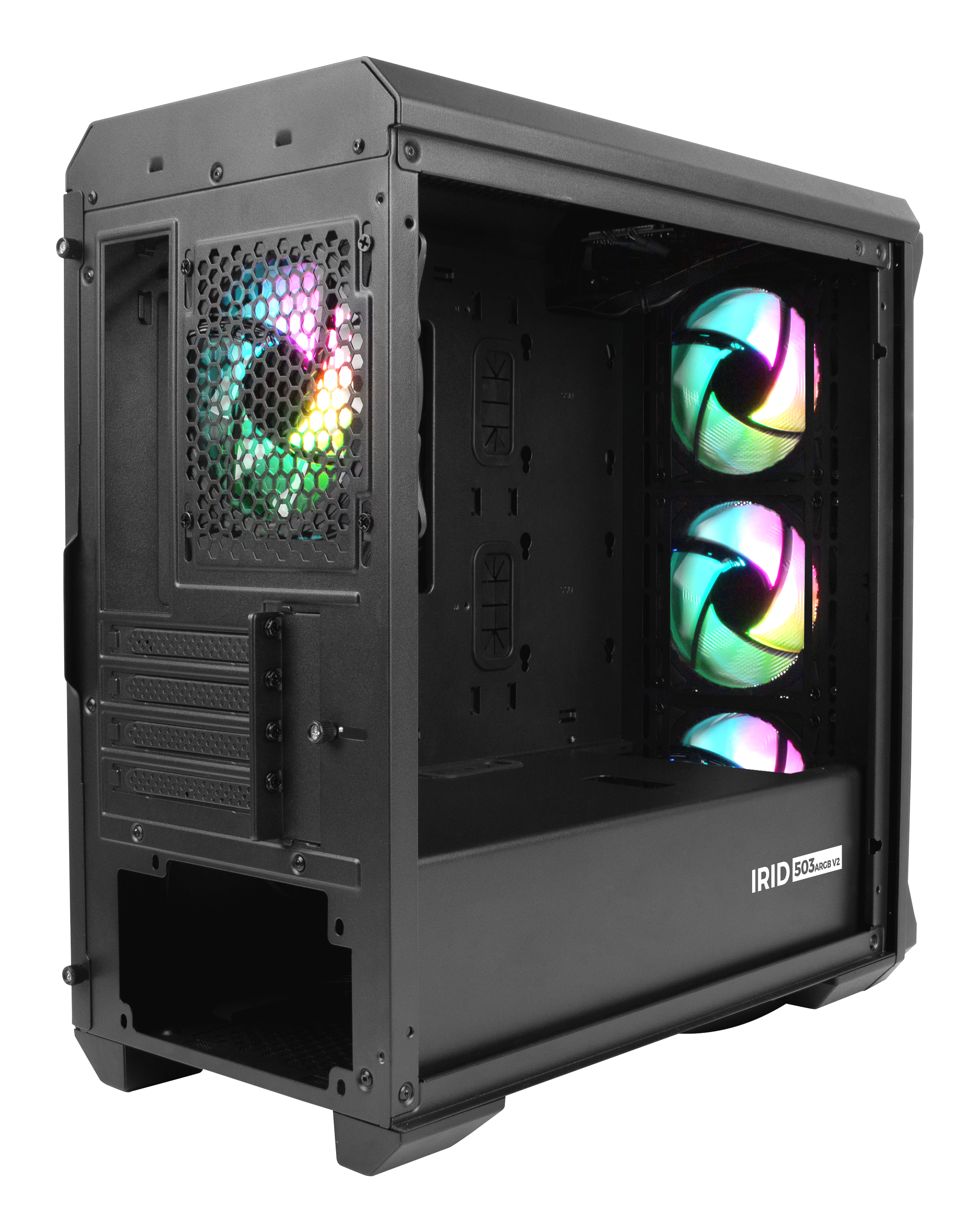 Czarna obudowa komputera z wentylatorami, w tym oświetleniem RGB, na białym tle.