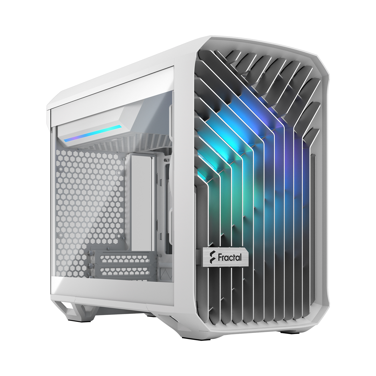 Parte anteriore del case per PC bianco con pannello in vetro e logo Fractal. Design unico.