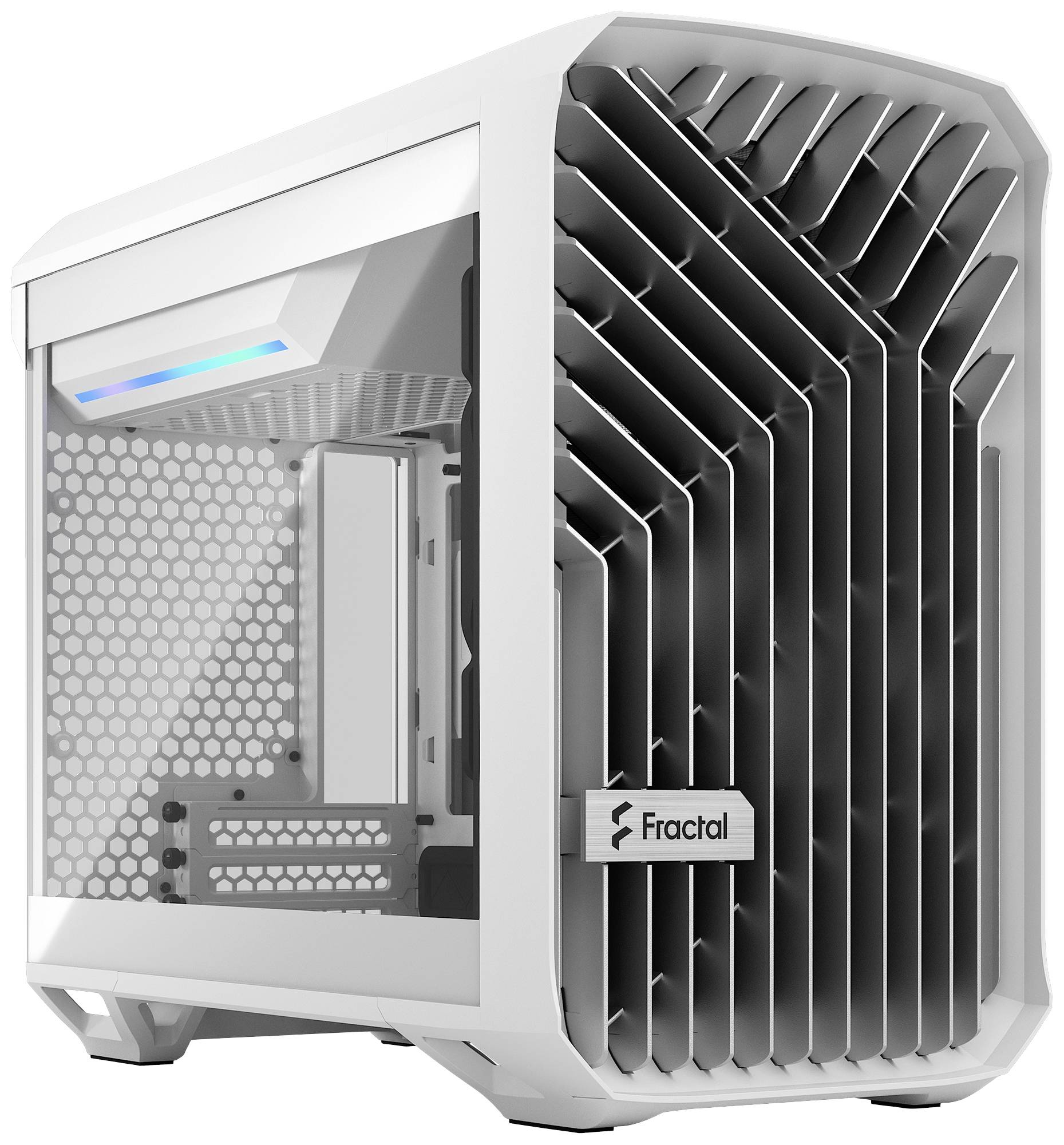 Case per PC bianco con design frontale angolato e logo Fractal Design. Lato in vetro.