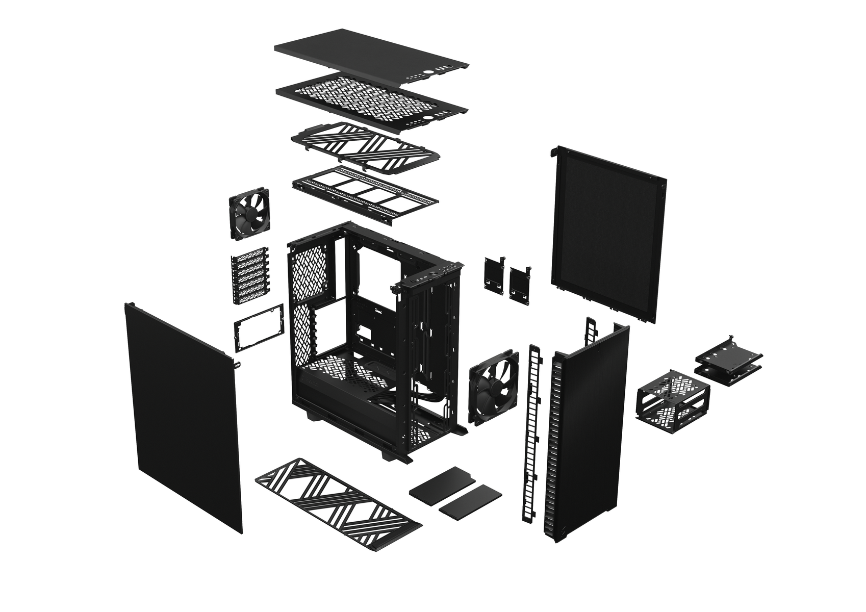 Elementy czarnej obudowy komputera rozłożone. Zawiera wentylatory, panele i ramę obudowy.