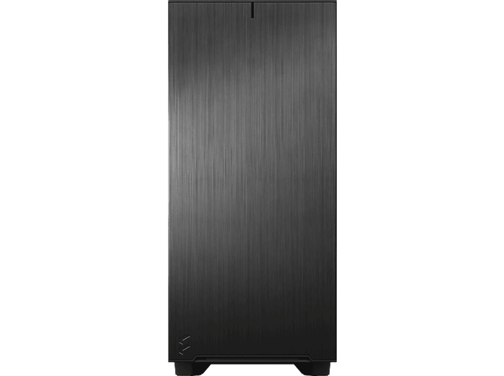 Czarna obudowa PC, widok z przodu. Pionowa szczotkowana tekstura. Minimalistyczny design i czarne tło.