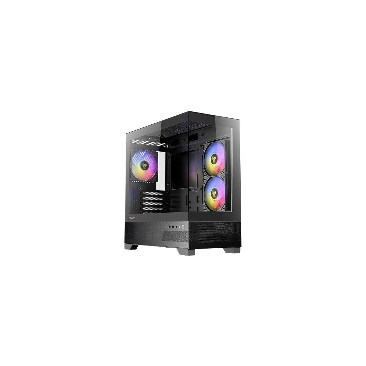 Zwarte PC-kast met glazen zijkant en RGB-ventilatoren.