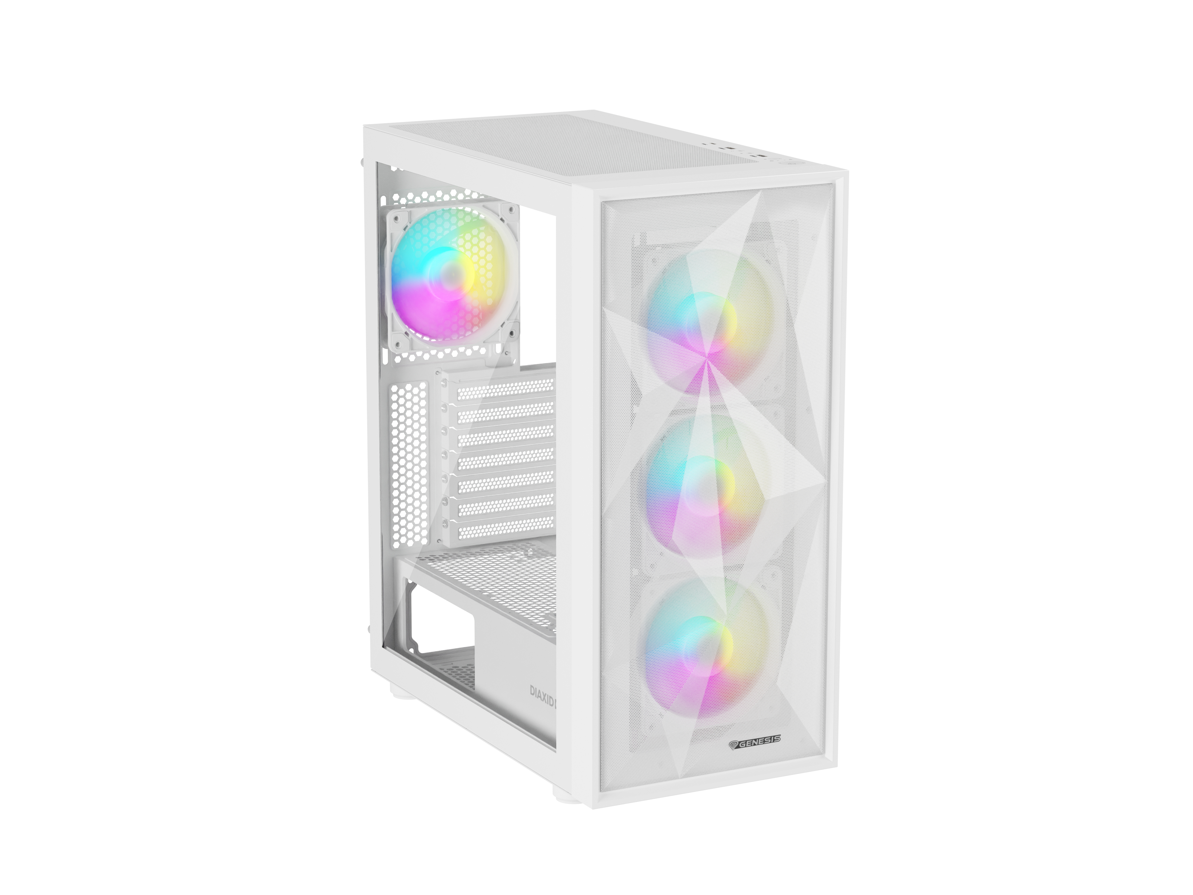 Biała obudowa PC z trzema przednimi wentylatorami. Widoczne tęczowe światła. Białe tło. Widok z przodu.