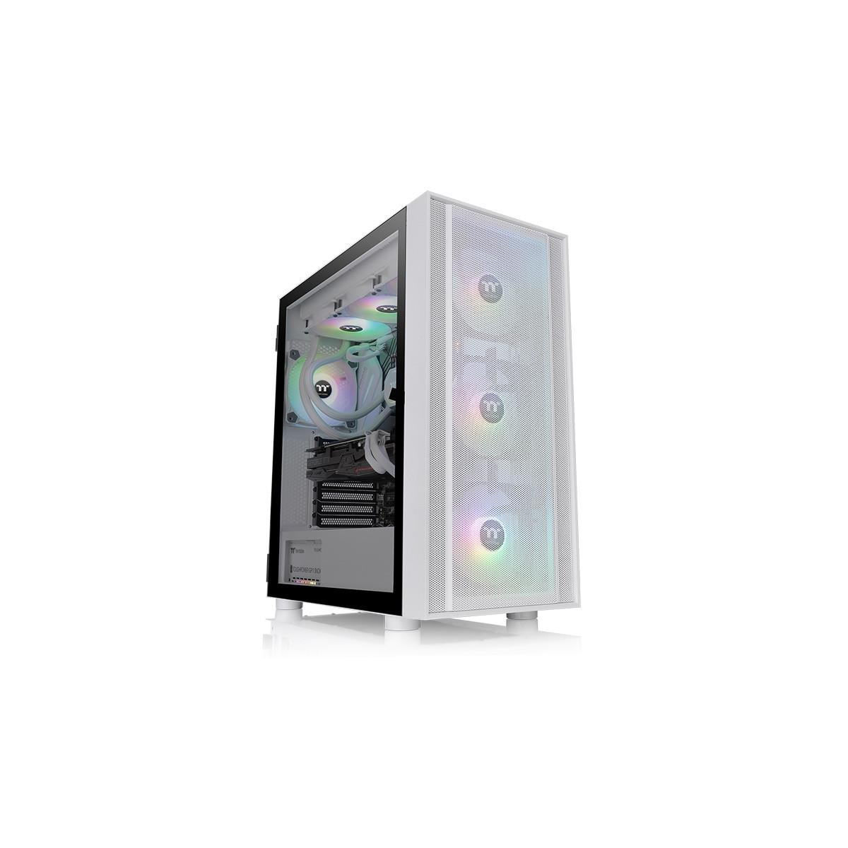 Weiß-schwarzes PC-Gehäuse. Zeigt das Innere mit Lüftern und Komponenten. Der Hintergrund ist sauber.